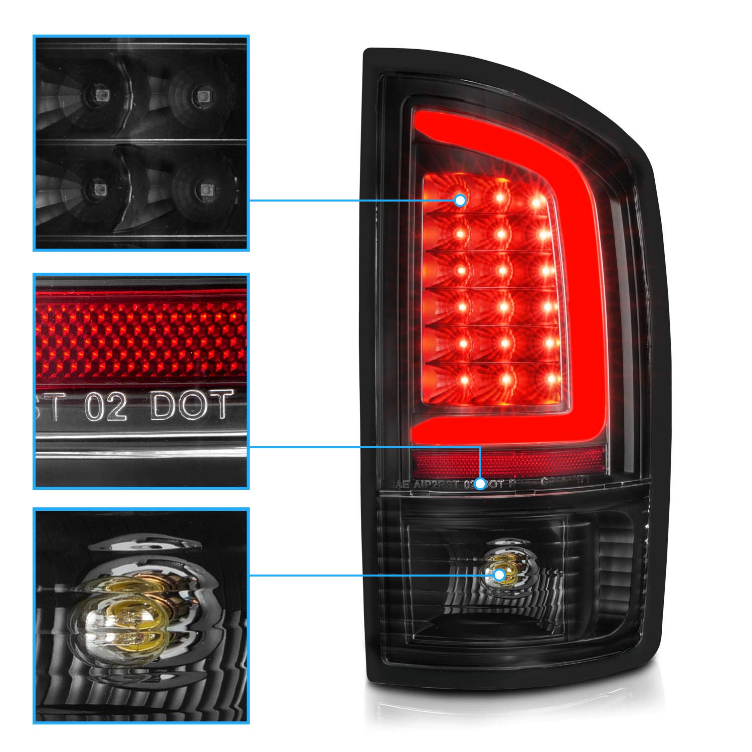 2002-2006 Dodge Ram 1500 & 2003-2006 Ram 2500/3500 Pickup Truck Black C-Type LED Tail Lights - Brake Lamp Replacement Pair (Driver & Passenger Side) - Enhanced Visibility & Style for Night Driving & Towing