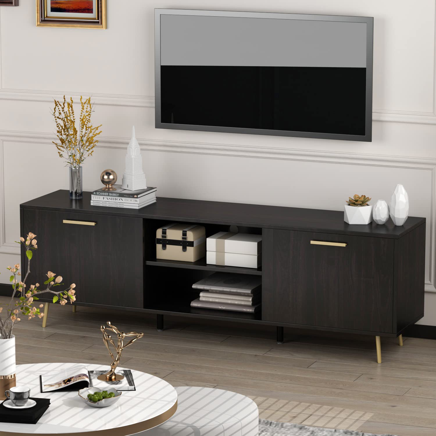 Modern TV Stand for 75 Inch TVs - Entertainment Center with 2 Doors & 2 Open Shelves, Gold Metal Legs - Black Brown TV Console Table (69”L x 15.6”W x 22.4”H) - Perfect for Living Room & Bedroom Home Theater Setup