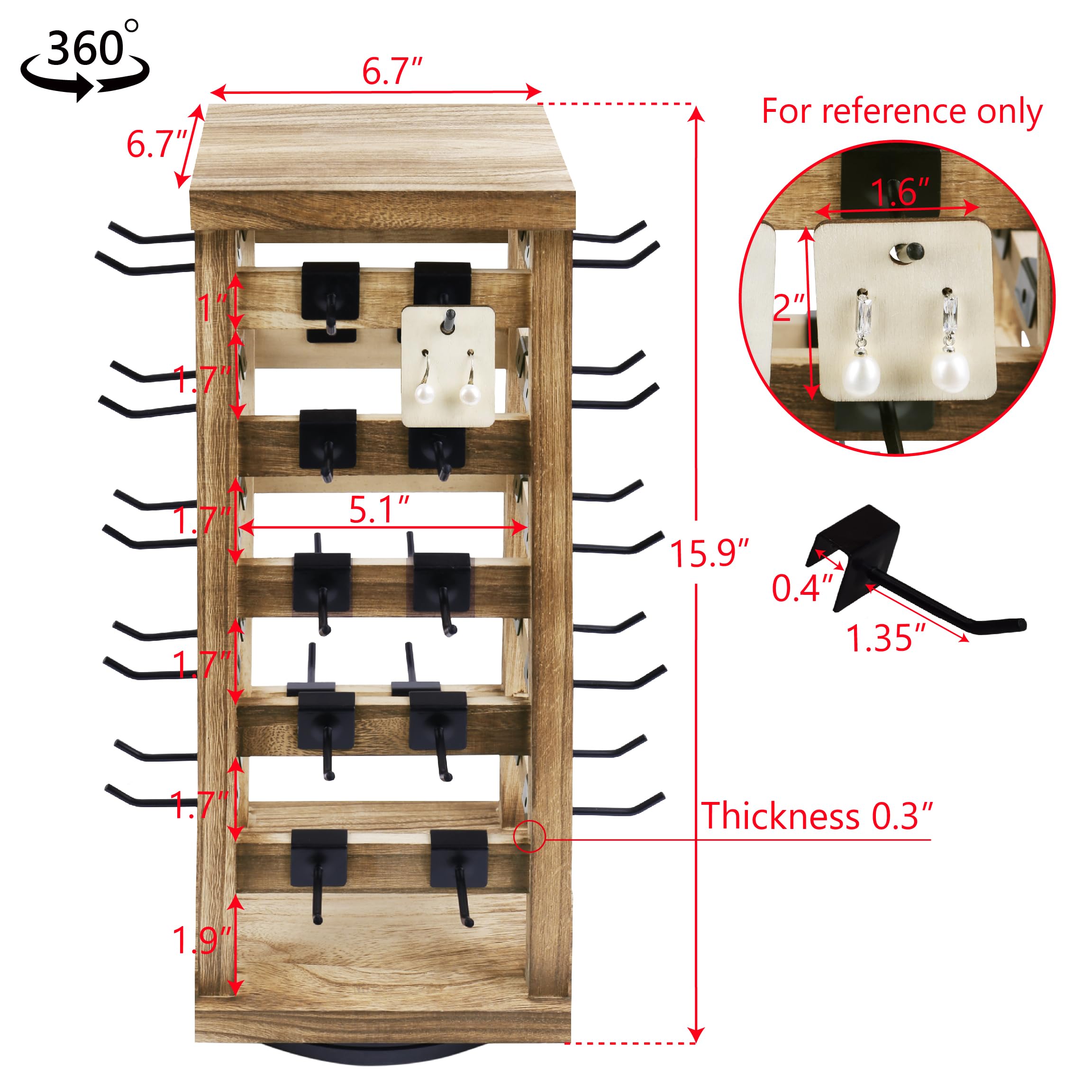Ikee Design Wood Rotating Jewelry Display Stand with 42 Removable Hooks - 5-Tier Earring Organizer in Oak Finish for Boutique, Home & Retail Store Display