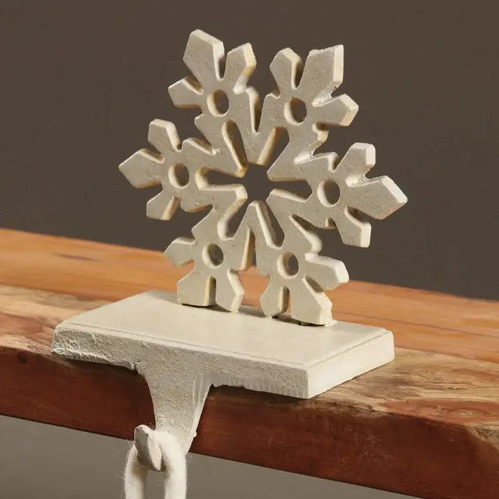 Vintage White Snowflake Stocking Holder - Rustic Christmas Fireplace Mantel Decor for Holiday Home Decorating