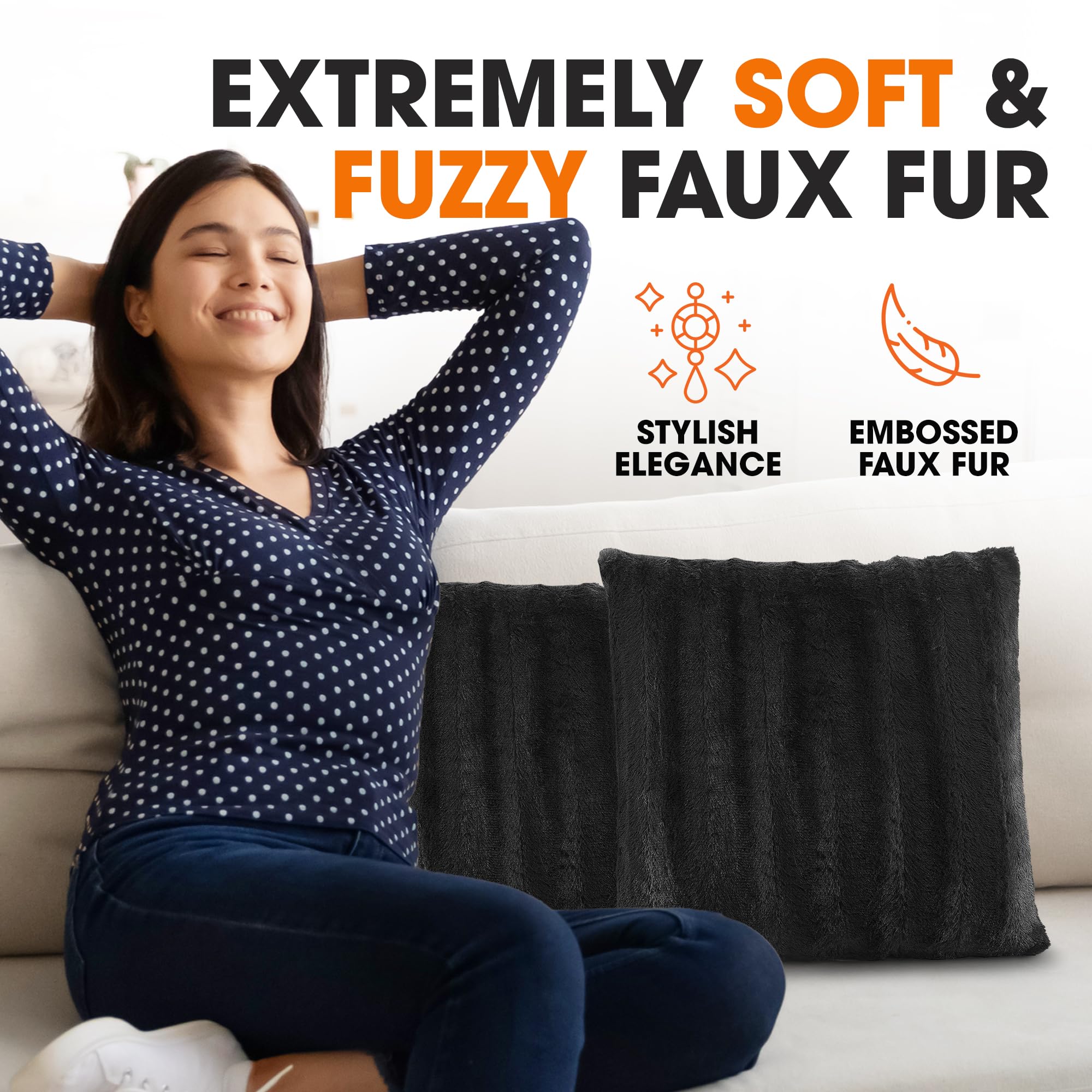 Faux Fur Throw Pillows Set of 2 - 16x16 Inch Soft Decorative Cushions for Couch, Bed, Sofa - Black Accent Pillows for Bedroom & Living Room Aesthetic - Cozy Home Decor for Winter & Christmas