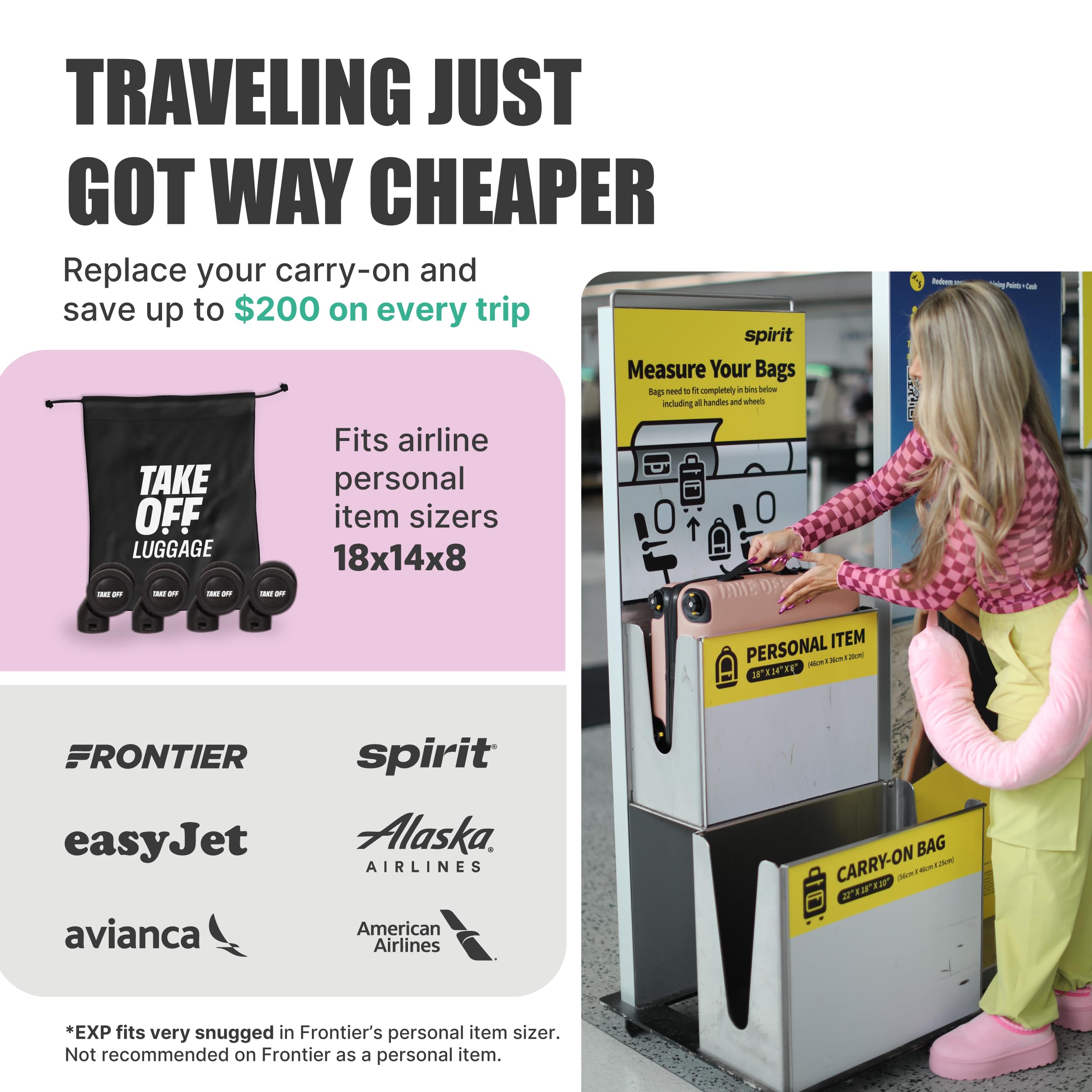 Take OFF Luggage Personal Item Suitcase 3.0 EXP - Rose | Carry-On Approved Underseat Travel Bag for Airlines | Perfect for Business Trips & Weekend Getaways