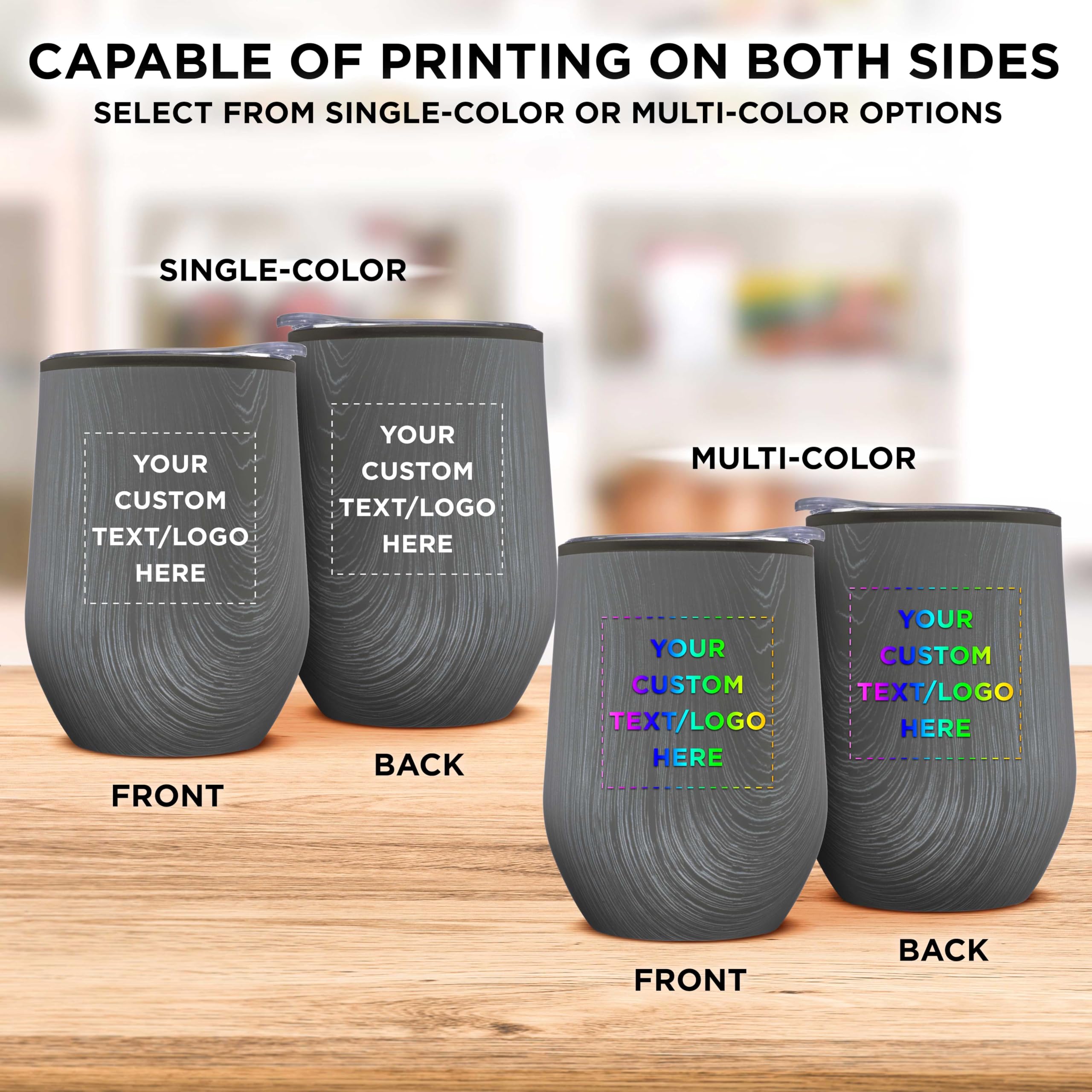 Custom Personalized Palmera Stemless Wine Tumblers with Lids - 12 oz Set of 24 Bulk Pack - Rustic Grey Glassware for Wine, Cocktails, Coffee & Beverages - Perfect for Weddings, Parties, Restaurants & Home Use