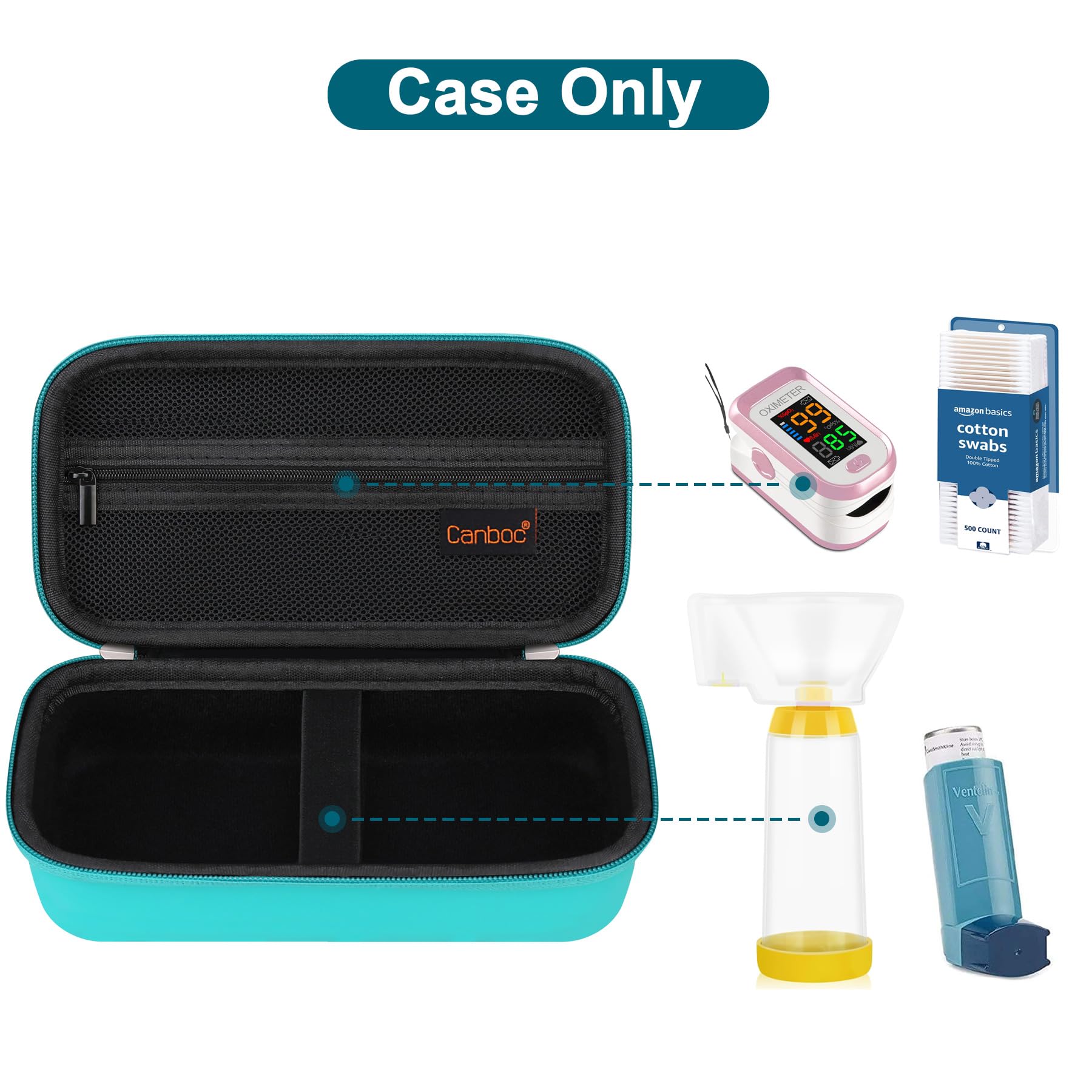 Canboc Travel Carrying Case for Asthma Inhaler - Portable Hard Case with Mesh Pocket for Medicine Storage - Handheld Spacer Compatible with Adult & Kids Inhalers - Mint Green Organizer (Case Only) - Perfect for Travel, School & Daily Asthma Management