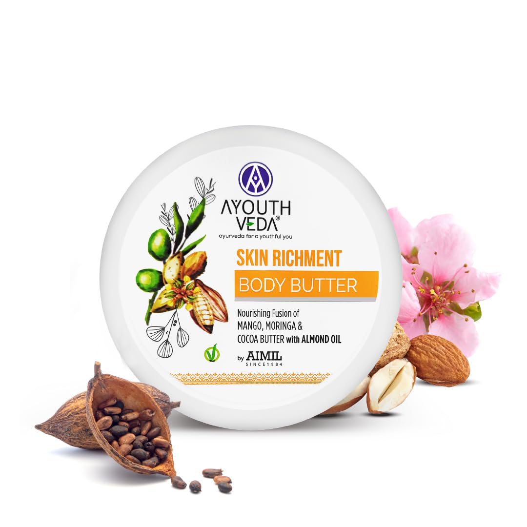 Ayouthveda Skin Richment Body Butter - Cocoa Moringa & Mango Butter with Almond Oil | All-Day Non-Sticky Moisturizer for Men & Women | 200g | Perfect for Dry Skin, After Shower Hydration & Daily Skincare Routine