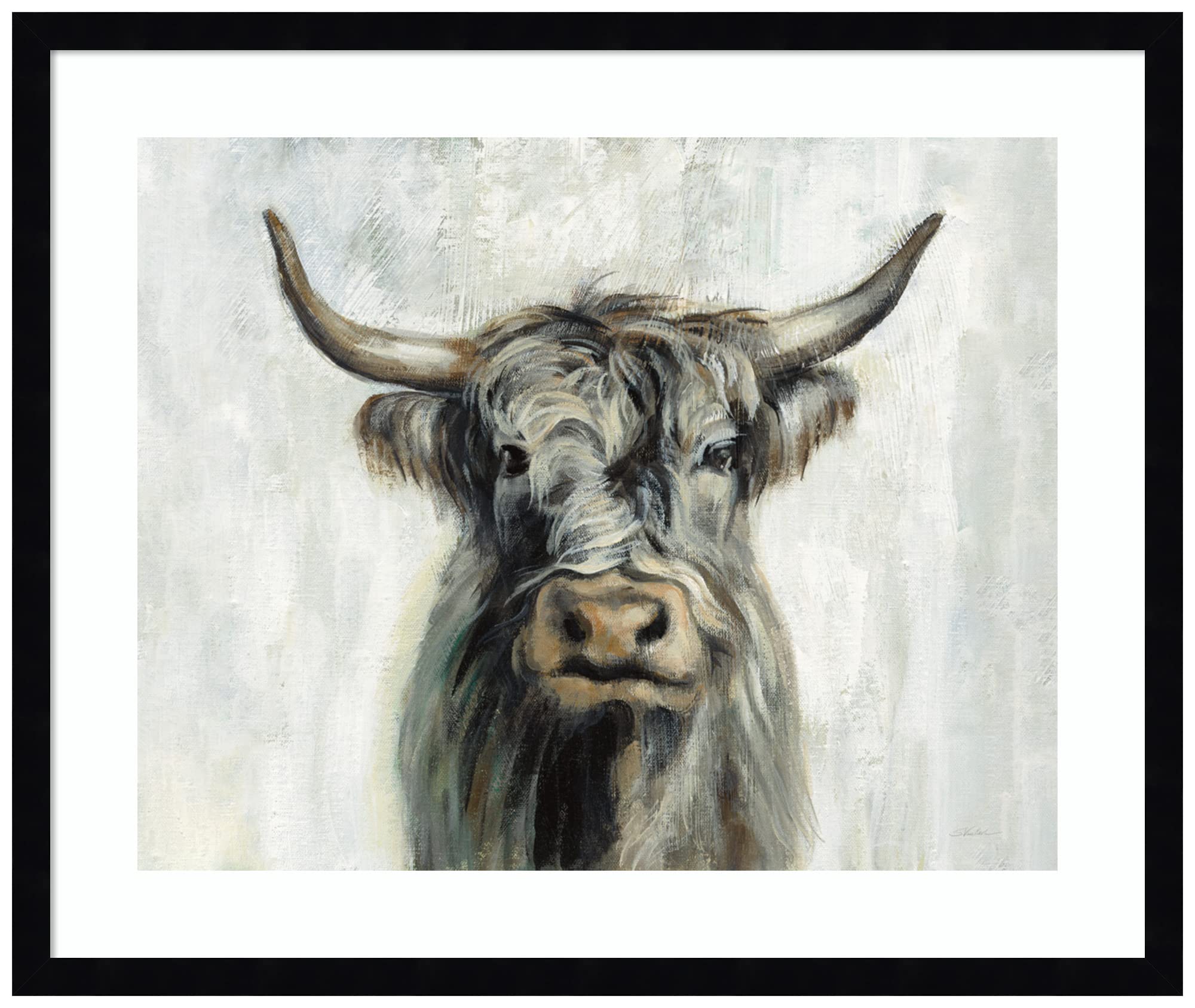 Amanti Art Framed Wall Art Print - 21x25 Highland Cow Horizontal Painting by Silvia Vassileva | Rustic Farmhouse Animal Wall Decor | Medium Poster Artwork for Living Room, Bedroom, Bathroom | Perfect for Countryside Homes, Cozy Cabins & Western Style Interiors