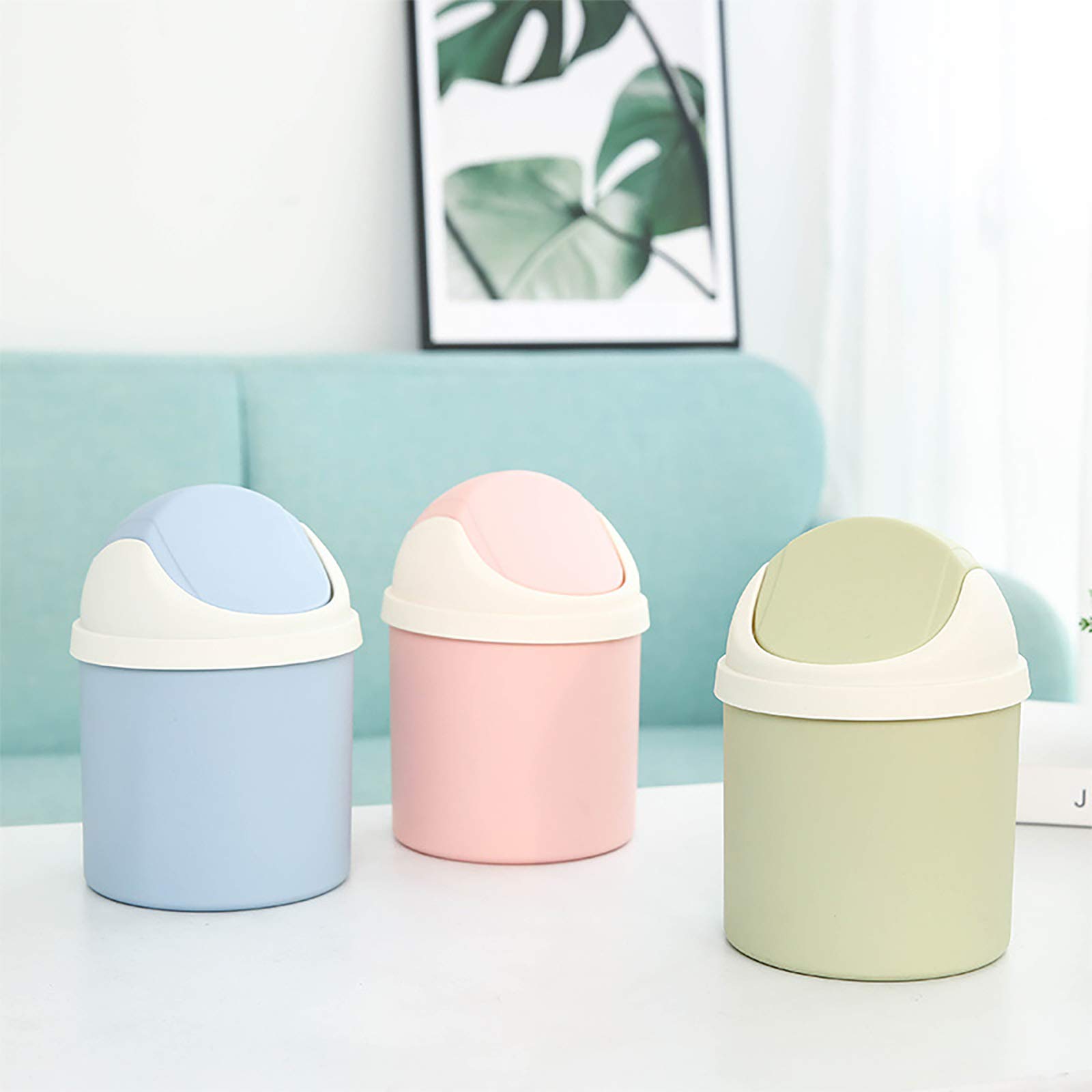 Mini Desktop Waste Bin with Swing Lid - Stylish Lace Polka Dot Small Trash Can for Office, Bathroom & Bedroom | Round Tabletop Garbage Bin for Home, Kids Room & Workspace | Eco-Friendly Green Waste Basket for Paper, Tissues & Small Trash Disposal