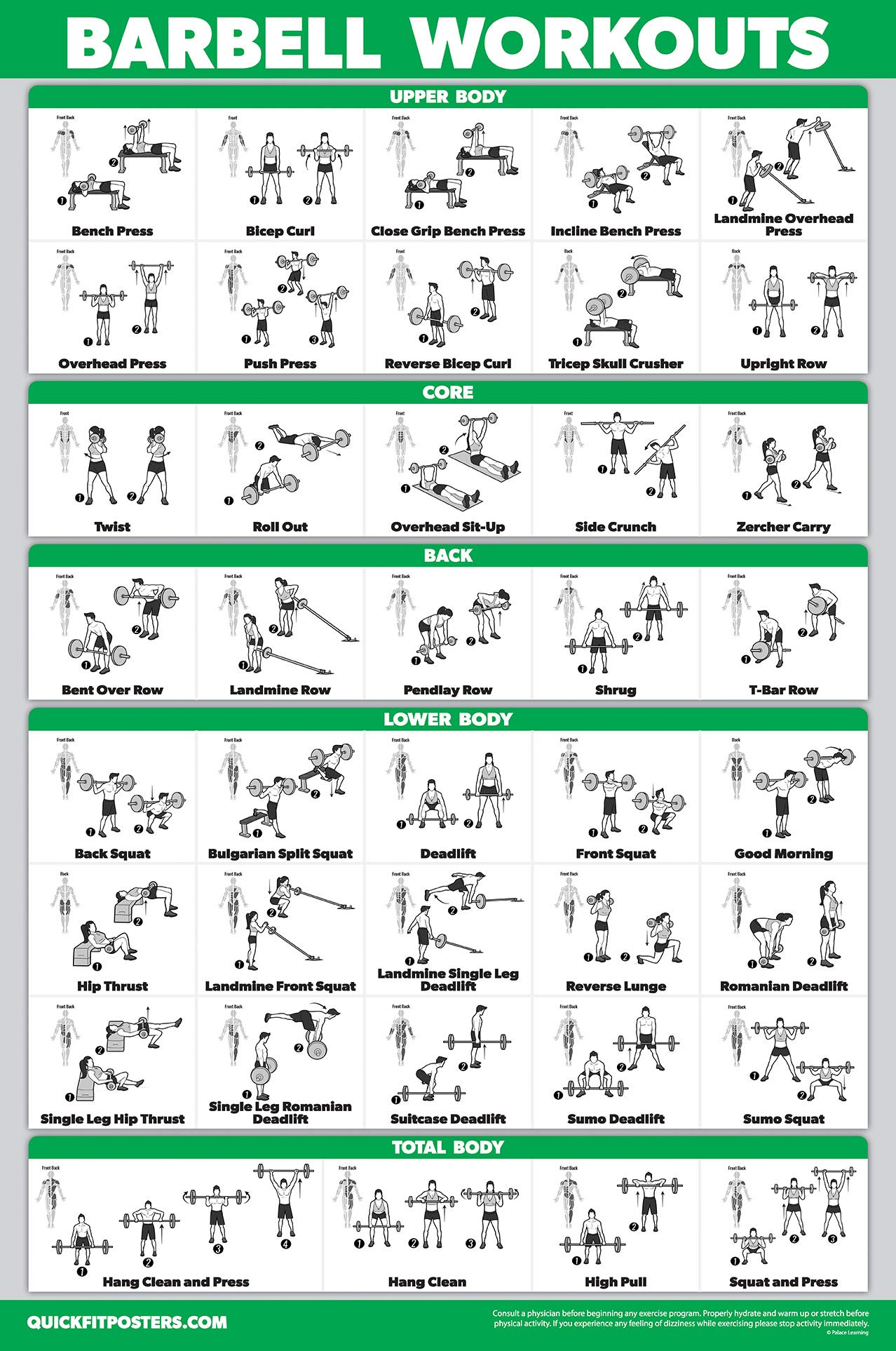 10 Pack Laminated Workout Posters - Cable Machine, Dumbbell, Kettlebell & Resistance Band Exercises (18