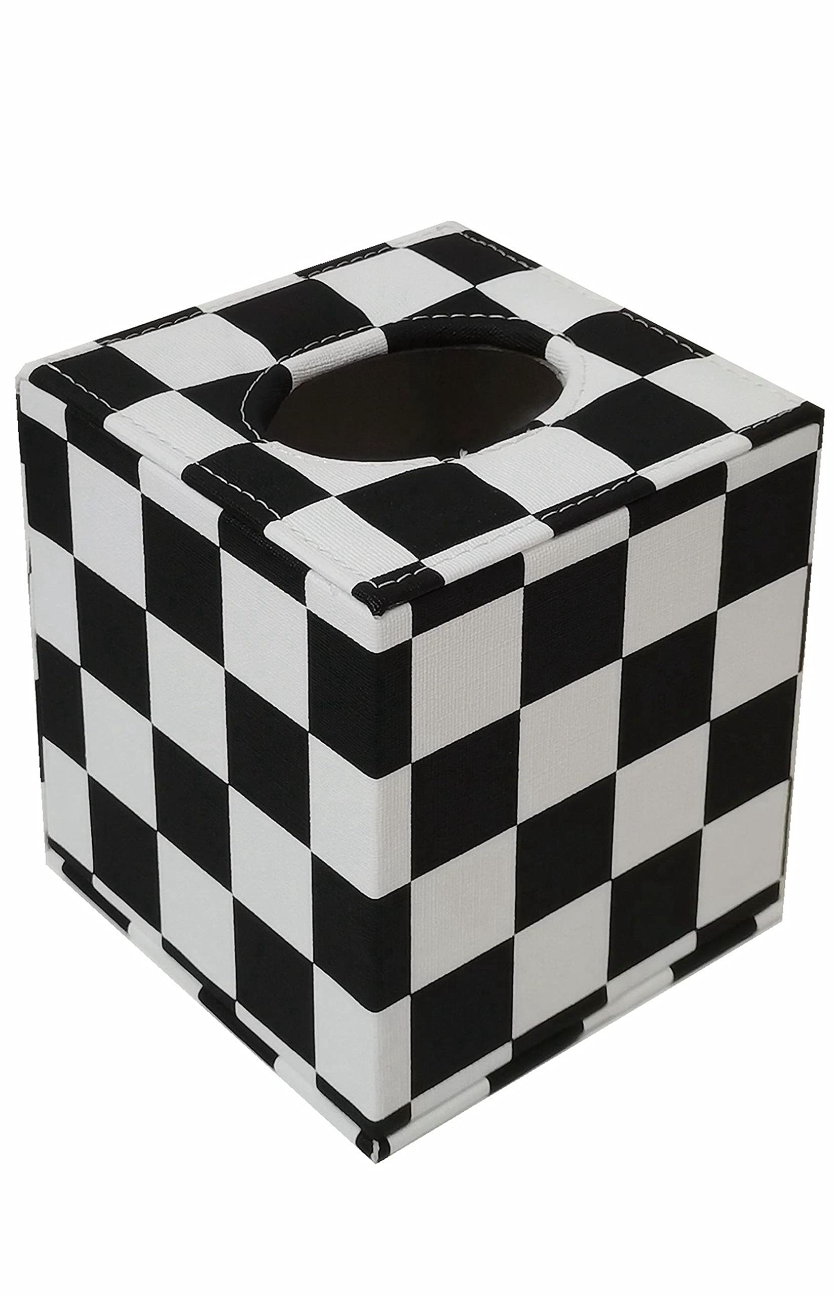 PU Leather Square Tissue Box Cover - Black and White Checkerboard Pattern Home Decor Cube | Stylish & Durable Tissue Holder for Living Room, Bedroom, Office & Bathroom
