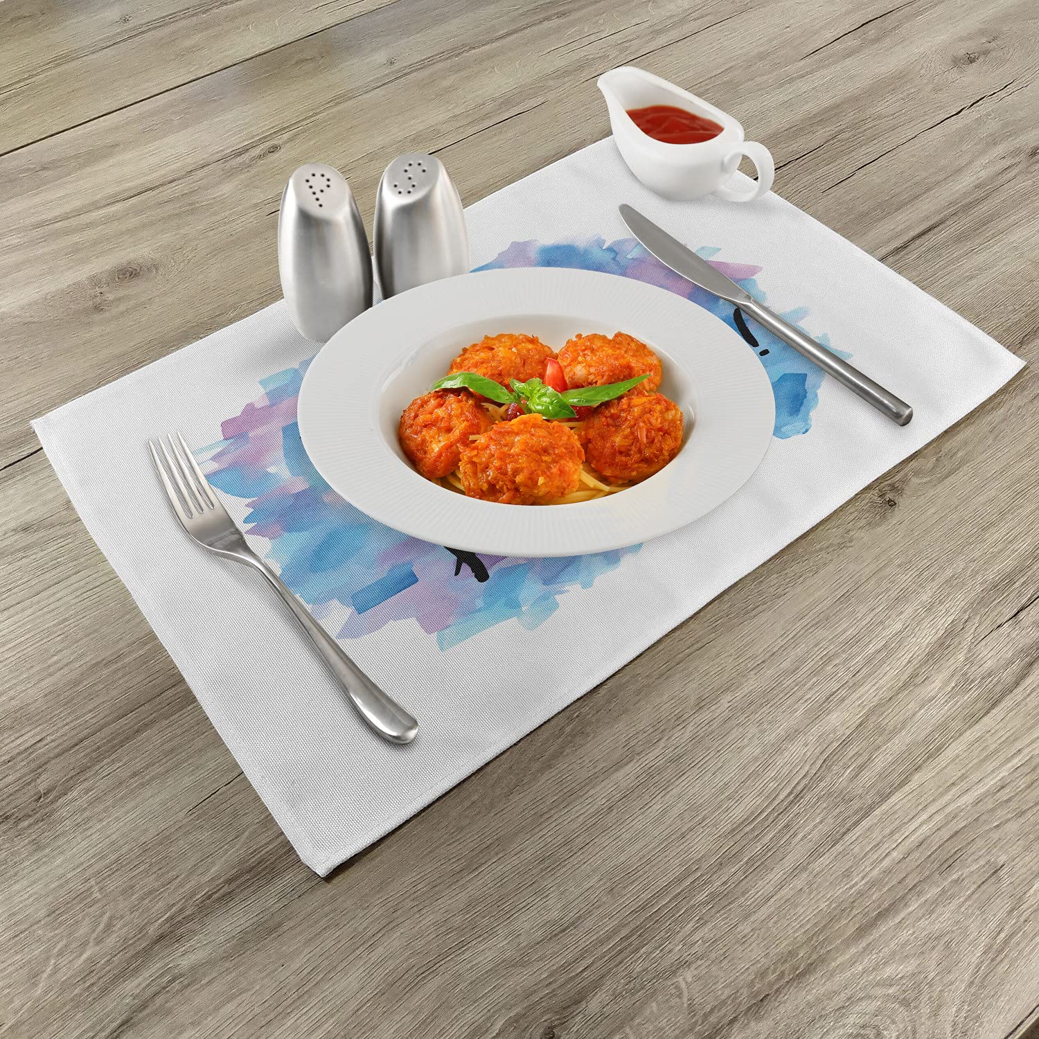 Ambesonne 4-Piece Washable Fabric Placemats Set - Hand-Painted Brush Effect 'Happiness' Abstract Design, Standard Size Dining Table Mats in Dried Rose Blue Black | Perfect for Dinner Parties, Holiday Gatherings & Everyday Meals