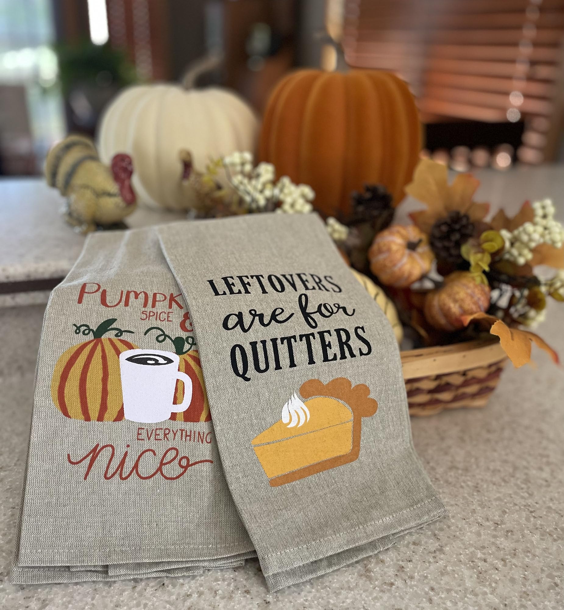 Premium Fall Kitchen Towels Set - 100% Cotton Autumn Dish Towels with Pumpkin Decor (15”x25”) for Harvest Season | Soft & Absorbent for Cooking, Baking & Holiday Decor