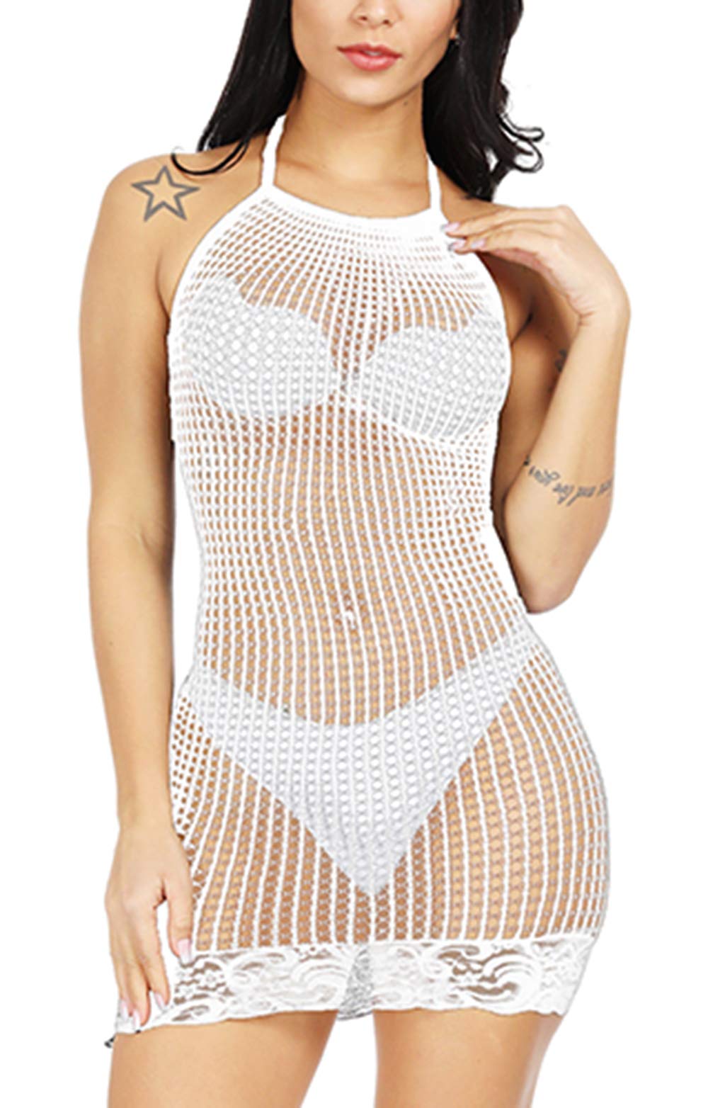 Sexy Women's Halter Fishnet Babydoll Lingerie - Sheer Chemise Nightwear Mini Teddy Dress One Size for Romantic Nights & Boudoir Photography