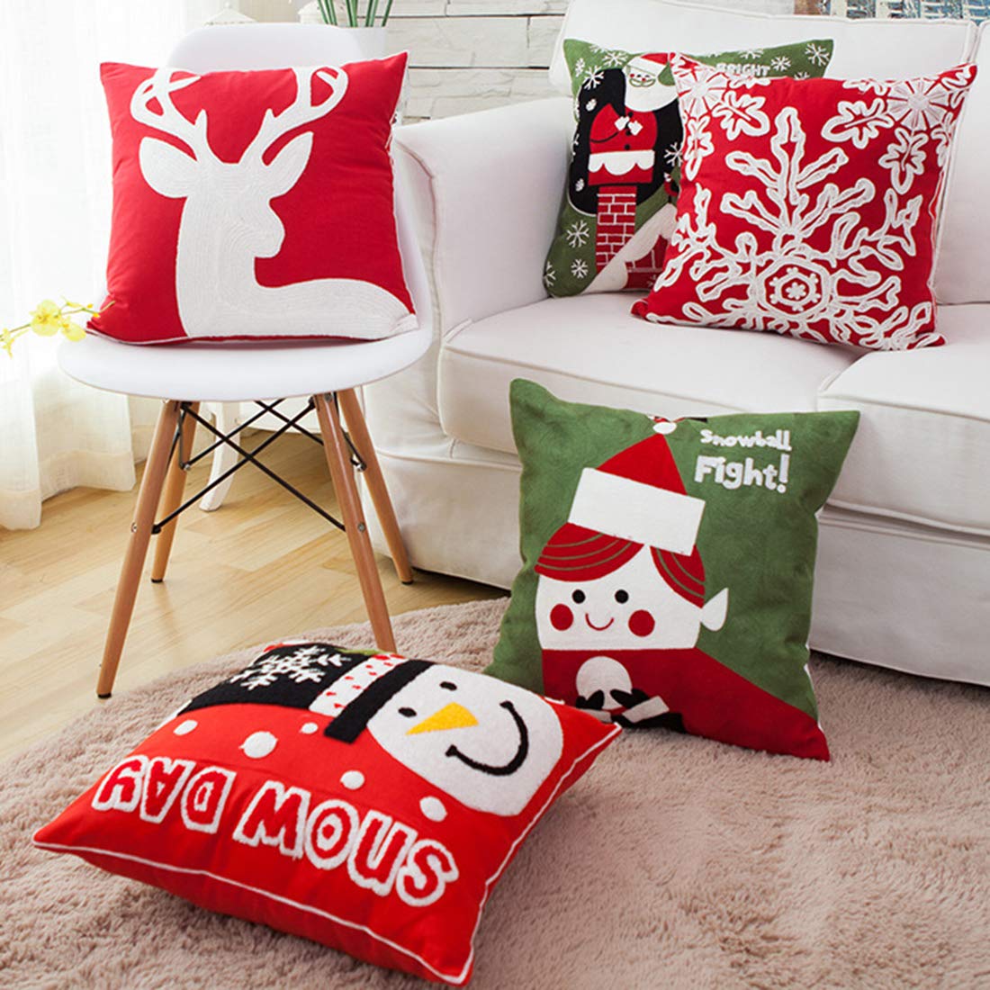 AAXYZX Luxury Christmas Embroidery Throw Pillow Covers - Santa Claus Snowman Reindeer Snowflakes Design - 18x18 Inch Set of 5 - Perfect for Sofa, Couch & Bed Decor - Holiday Home Décor & Festive Gift Idea