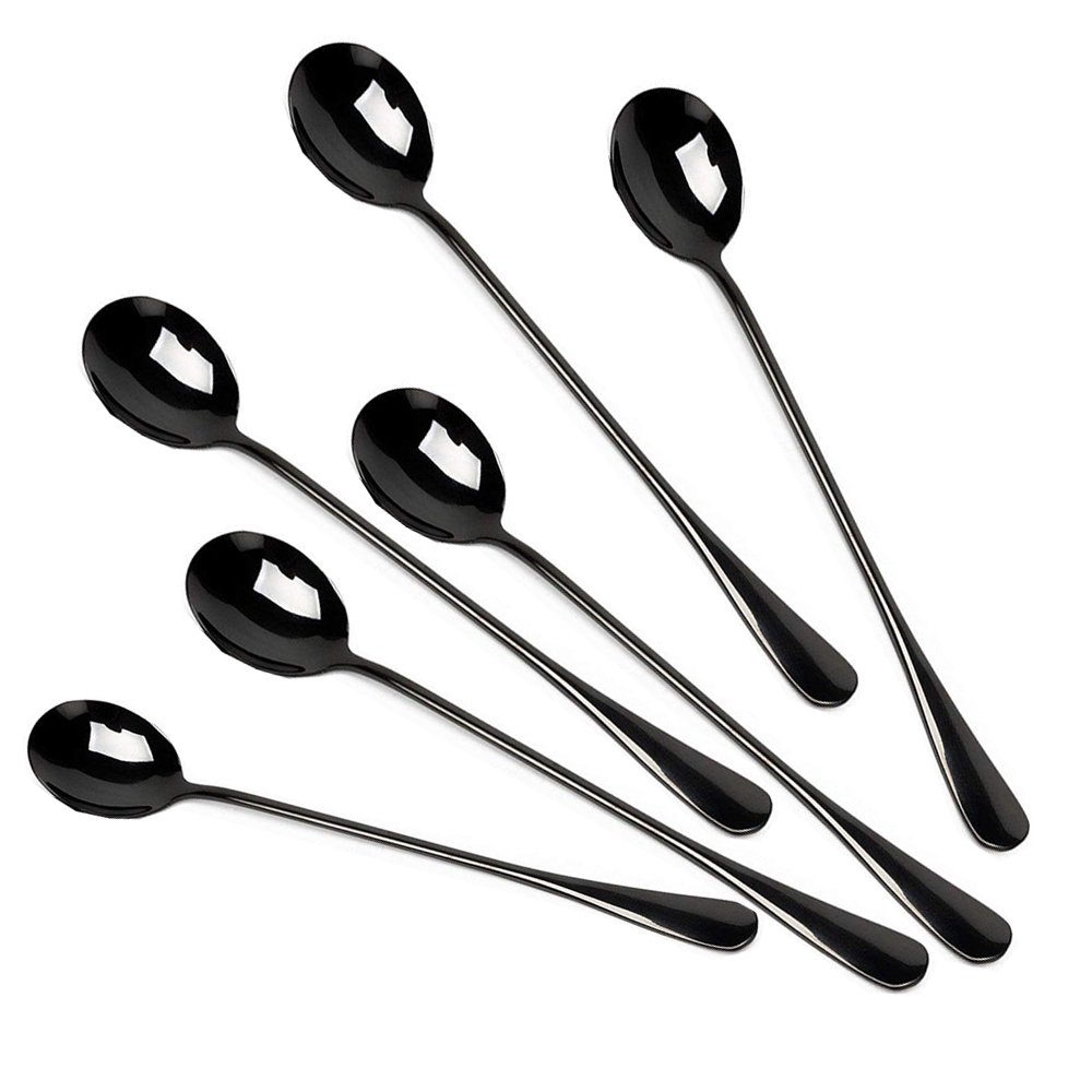 7.7-inch Titanium Plated Long Handle Stirring Spoon Set - 6 Pack Stainless Steel Iridescent Cocktail Mixing Spoons for Iced Tea, Coffee & Bar Drinks (Black, Round) - Perfect for Home Bars, Coffee Shops & Party Mixing