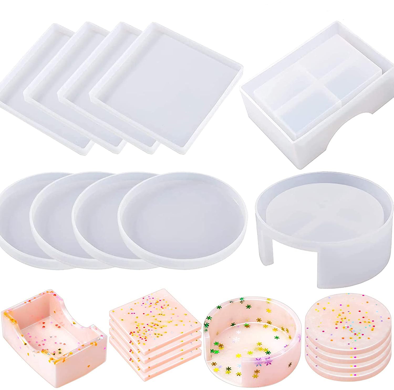 Premium Silicone Resin Molds Set - 8-Piece Epoxy Coaster Molds with Flower Drying Tray & Storage Box for DIY Craft Projects - Perfect for Home Decor, Gift Making, and Resin Art Creations