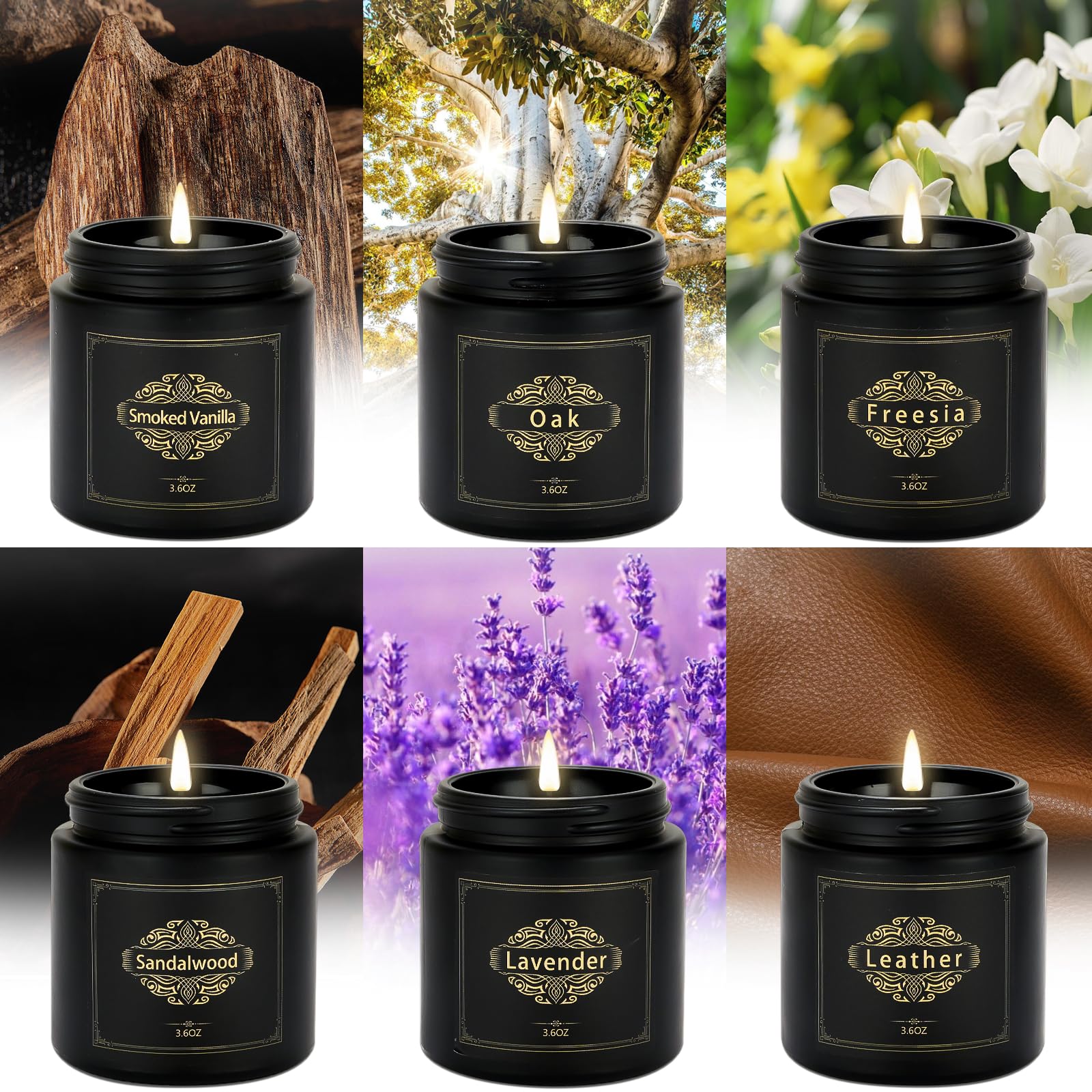 Premium 6-Pack Scented Soy Candle Gift Set for Men - Lavender, Oak, Sandalwood, Smoked Vanilla, Leather & Freesia Aromas | Home Fragrance, Relaxation & Romantic Gifts for Christmas, Birthday, Anniversary | Perfect for Living Room, Bedroom, Office & Spa Decor