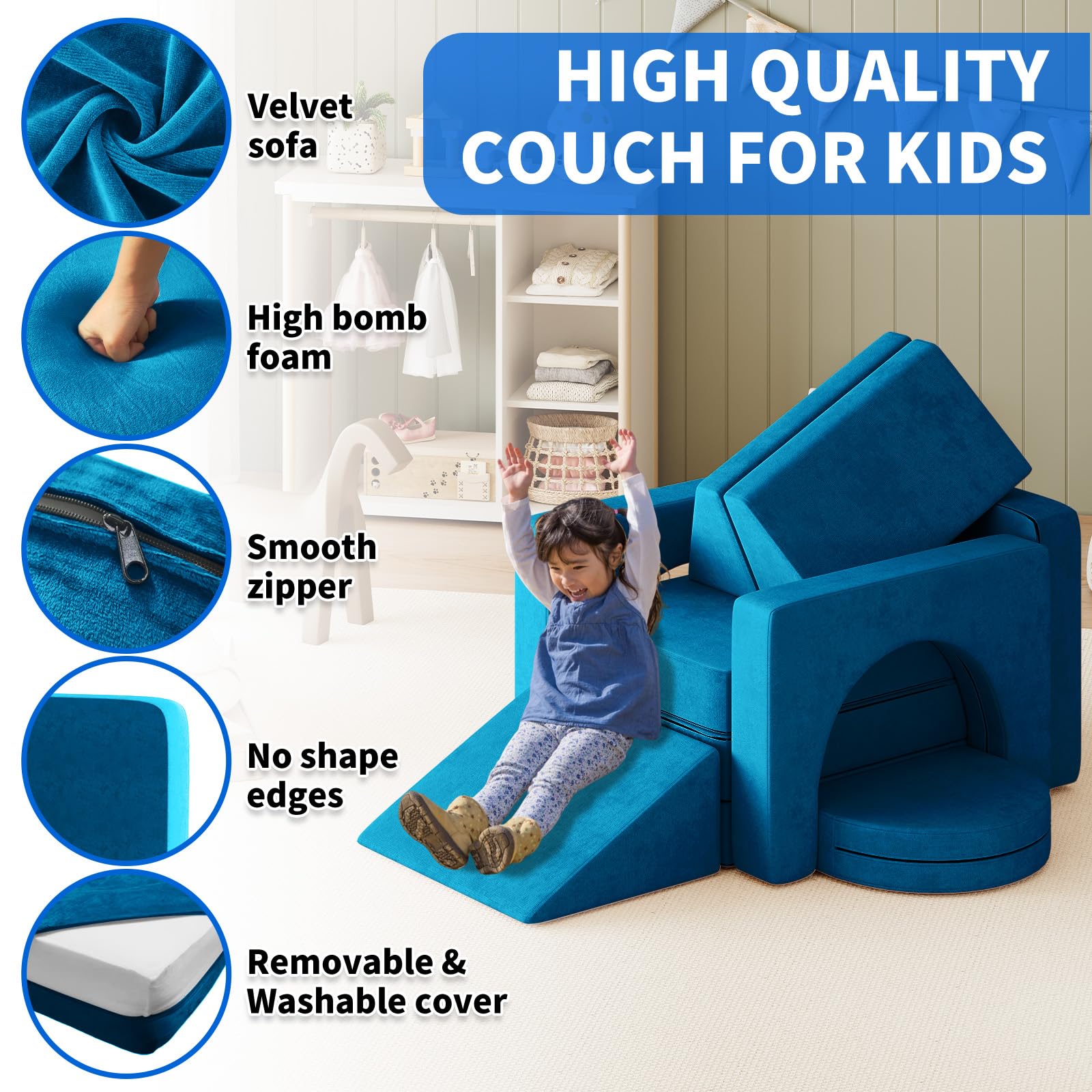 10PCS Modular Kids Play Couch with Climbing Slope - 10-in-1 Toddler Sofa for Playing, Creativity & Sleeping - Indoor Children's Furniture for Boys & Girls (Blue) - Perfect for Playrooms, Bedrooms & Daycare Centers