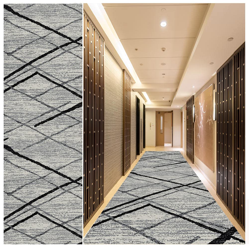 Non-Slip Washable Runner Rug 2' x 7' - Modern Geometric Grey Carpet with Rubber Backing for Hallway, Entryway, Kitchen & Bedroom | Stain Resistant & Durable Floor Mat for High Traffic Areas