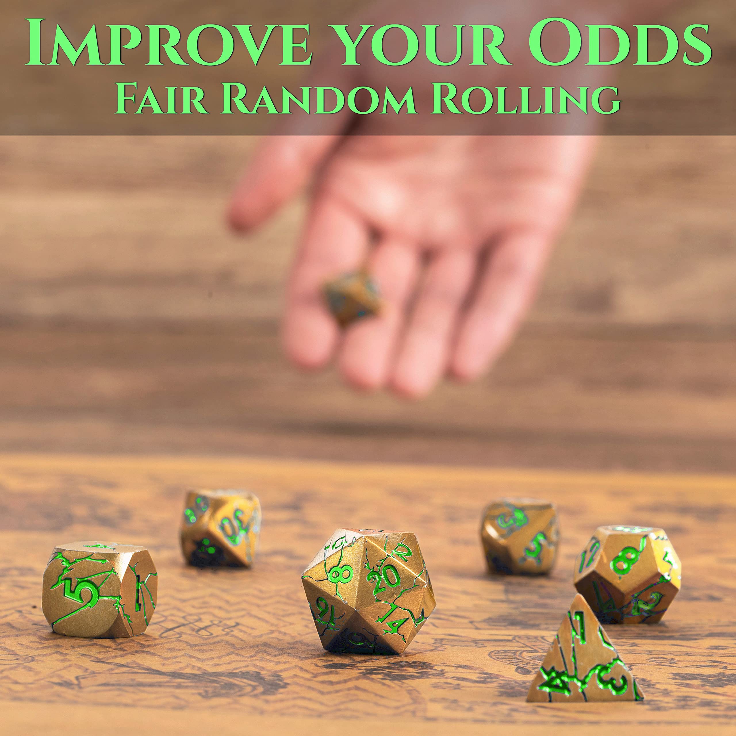 Premium DND Metal Dice Set - Pharaoh Ruins Gold with Green Cracks - 7-Piece Polyhedral Dice for Dungeons & Dragons, Pathfinder, RPG Games - Perfect for Tabletop Gaming, Gift Giving & Collector's Display