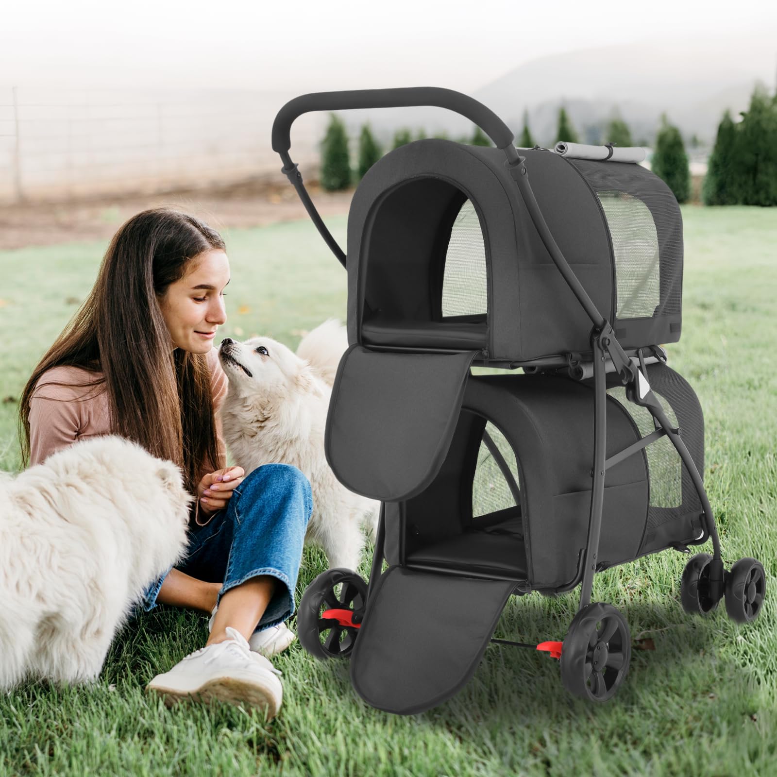 **Magshion Double Dog Stroller with 2 Detachable Carrier Bags - 4-Wheel Folding Pet Travel Cart for Small & Medium Dogs & Cats - Includes Storage Pocket - Black/Gray - Perfect for Park Walks, Vet Visits & Shopping Trips**