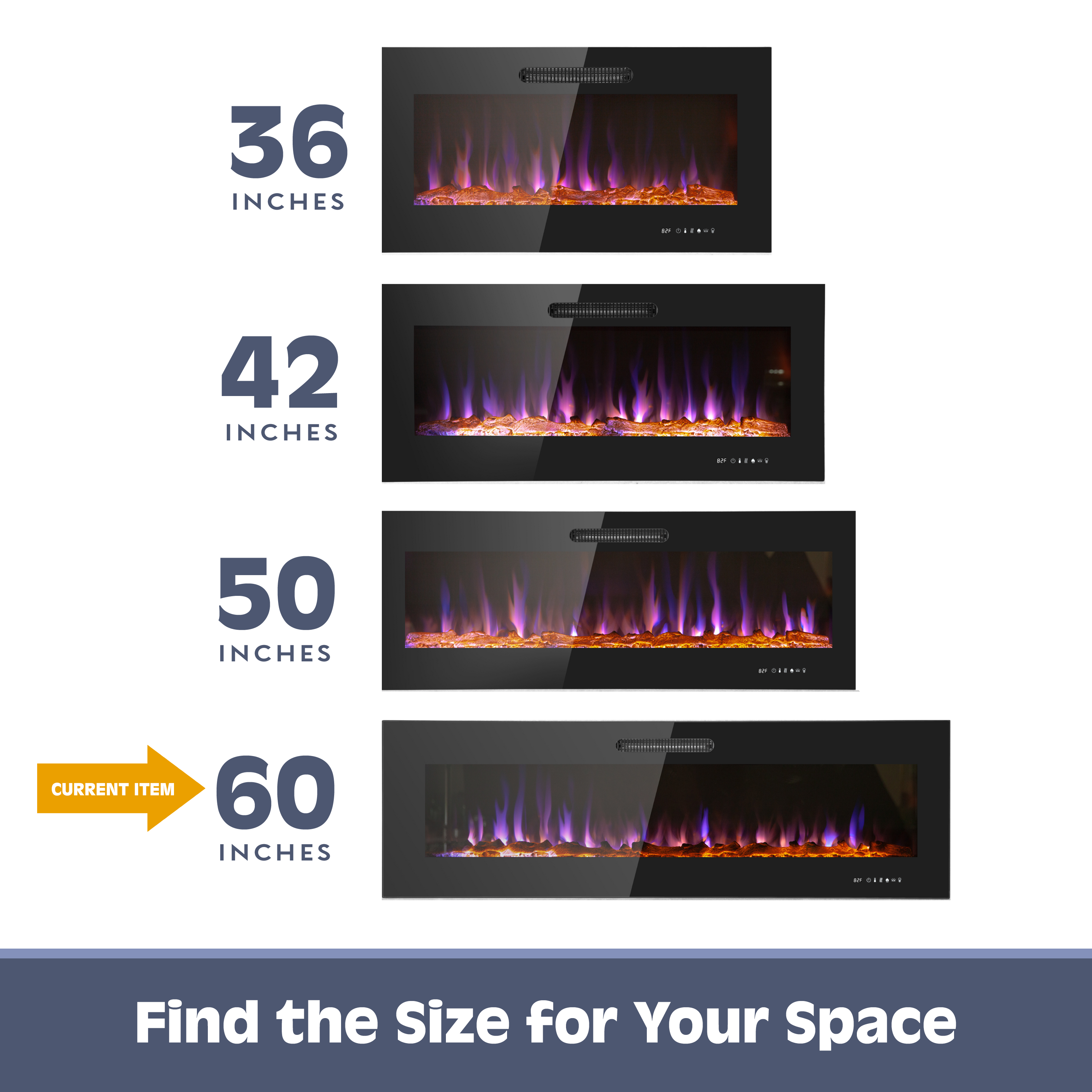60 Inch LED Slim Electric Fireplace Insert - Wall Mounted Fireplace with 1500W Heater, Adjustable Realistic Flame, Remote Control | Log & Crystal Ember Options | Perfect for Living Room, Bedroom & Office Heating & Decor