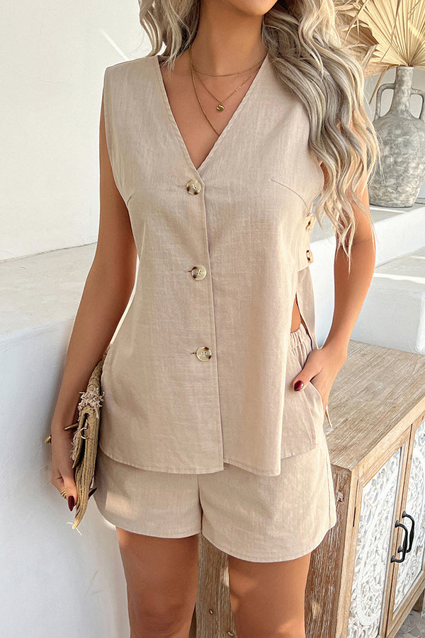 Stylish Solid Color V-Neck Button Vest & Elastic Waist Casual Pocket Shorts Set - Perfect for Holiday Outfits, Summer Vacation, and Casual Wear