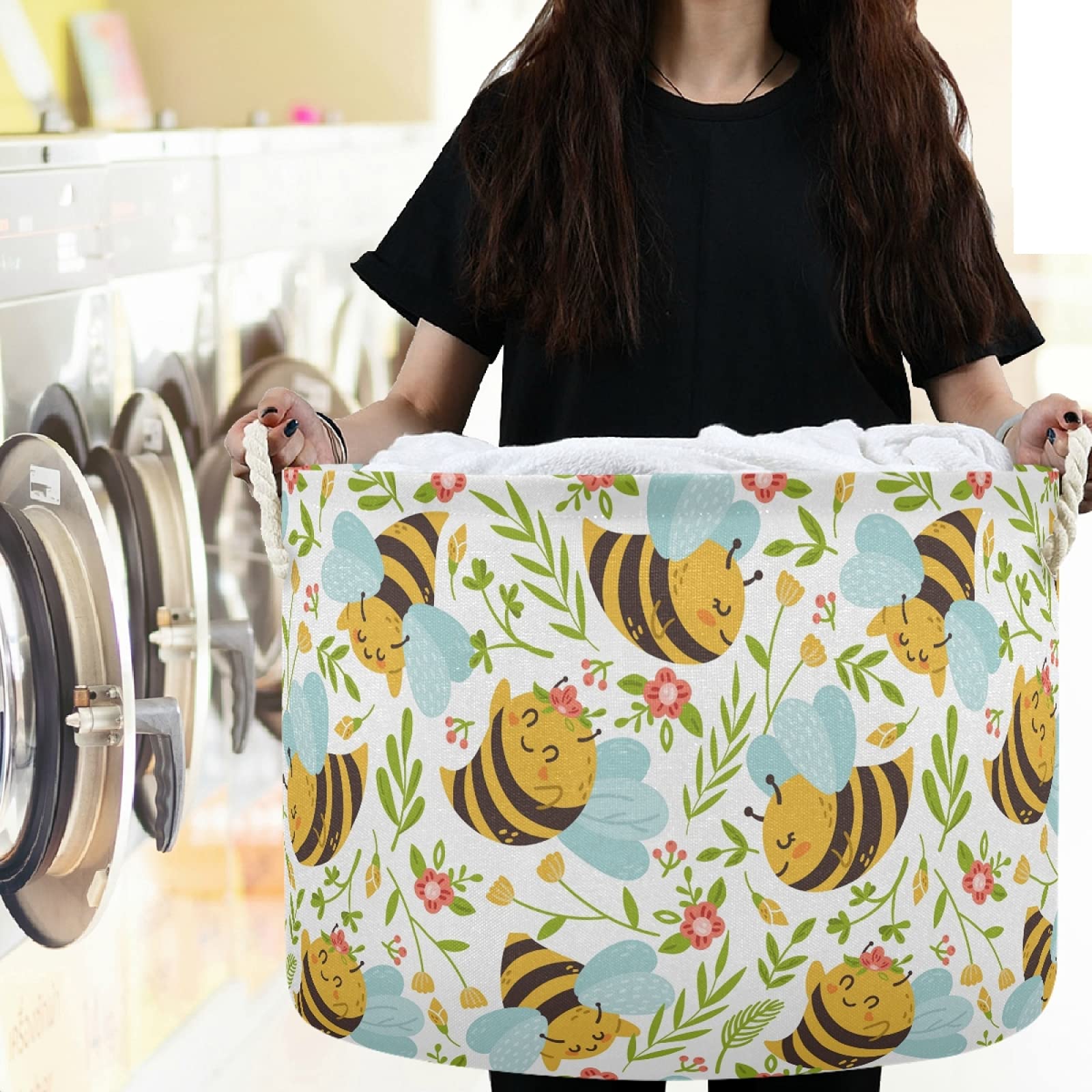 **Honey Bee Kids Seamless Pattern Cute Bumblebee Laundry Basket - Collapsible Fabric Storage Bin for Toys, Clothes & Organizing - Perfect for Nursery, Bedroom, Bathroom, Closet & Office**