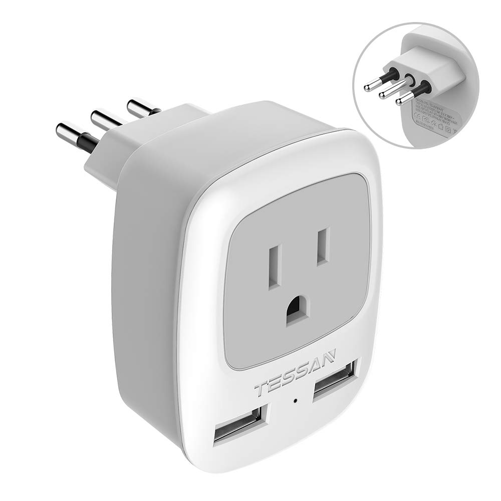 TESSAN Italy Travel Power Adapter - 3 Prong Grounded Plug with Dual USB Ports - Type L Outlet Charger for USA to Italy, Uruguay, Chile - Perfect for Phones, Laptops & Cameras on European Trips