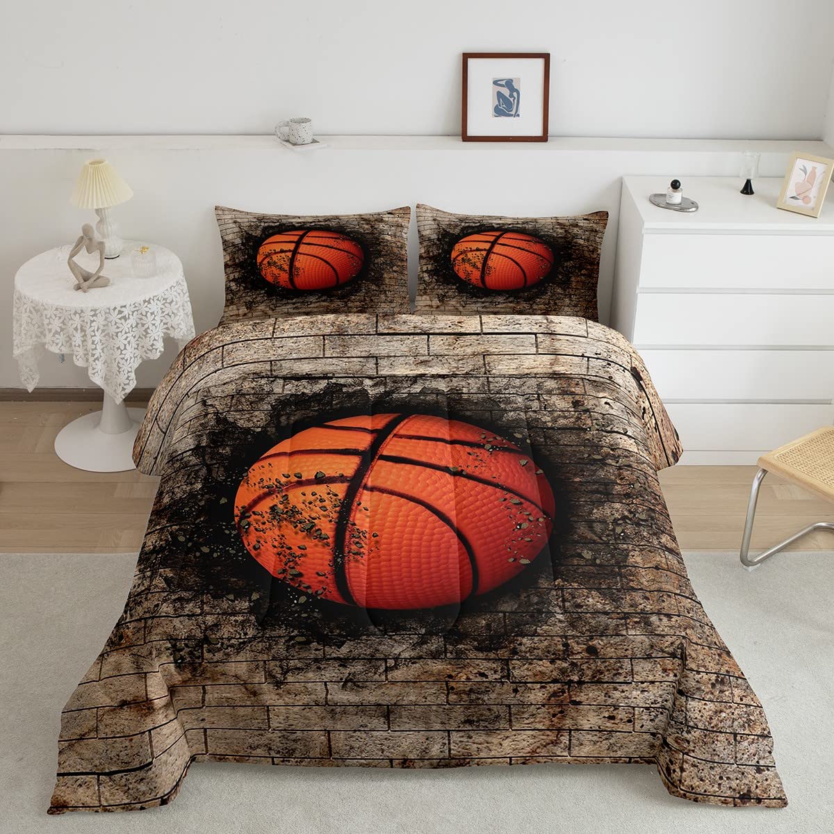 Castle Fairy Full Size Kids Basketball Comforter Set - Rustic Brown Brick Wall Design, Microfiber Quilt with 2 Pillowcases for Girls & Teens | Perfect Gift for Basketball Lovers & Competitive Sports Games | Ideal for Bedrooms, Dorm Rooms & Sleepovers