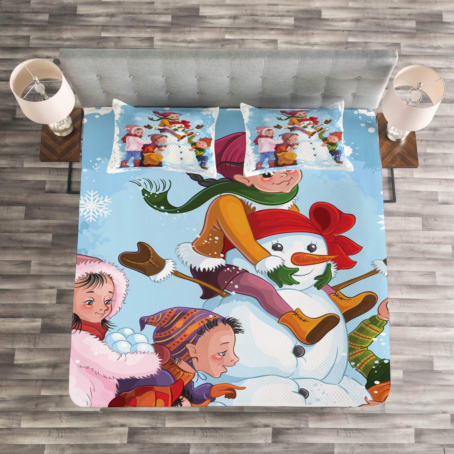 Ambesonne Snowman Bedspread Set - King Size 3-Piece Quilted Coverlet with 2 Pillow Shams | Cartoon Winter Snow Scene Design | Holiday Home Decor for Christmas Bedroom & Guest Room