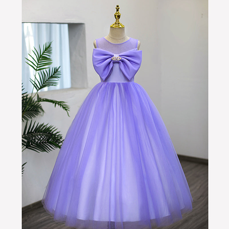 Elegant Purple Tulle A-Line Flower Girl Dress with Bow & Pleated Floor-Length Skirt - Perfect for Weddings, Pageants & Special Occasions