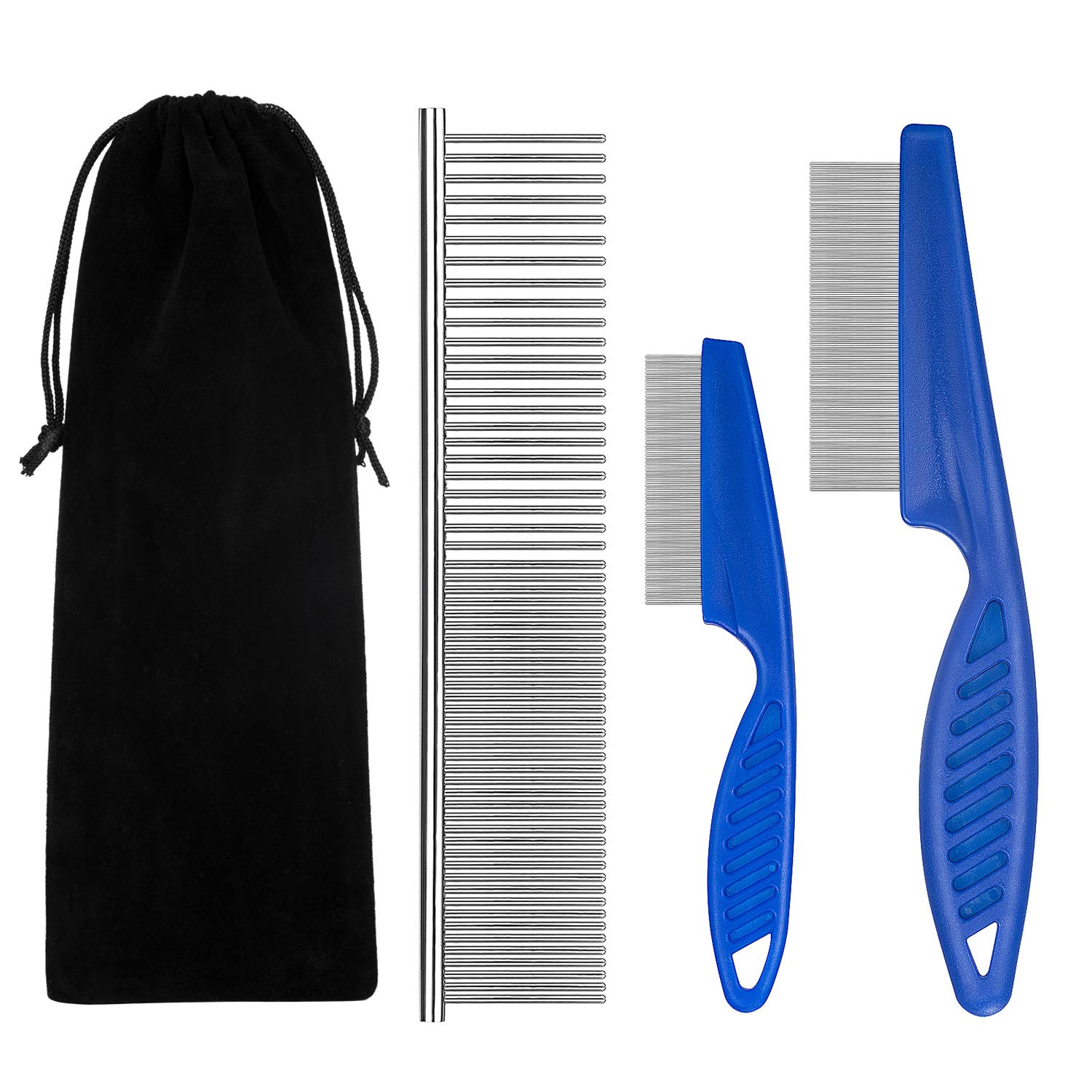 **Durable Metal Flea Comb for Cats & Dogs - 3 Piece Pet Grooming Set with Storage Pouch (Blue) | Removes Lice, Tangles, Dandruff & Tear Stains | Perfect for Daily Grooming & Detangling**