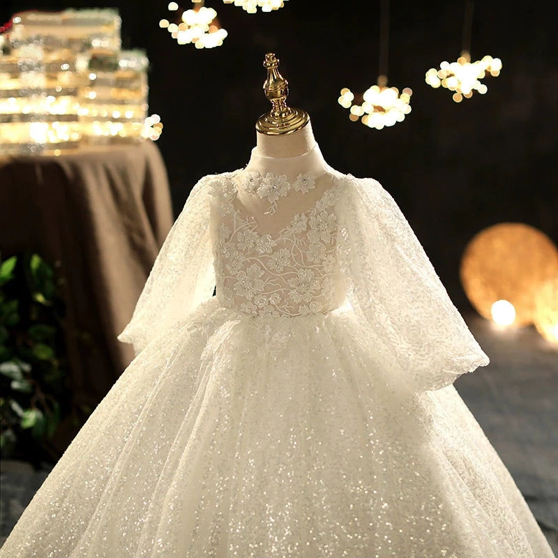 Elegant White Princess Mock Neck Floor-Length Organza Flower Girl Dress for Weddings & Special Occasions