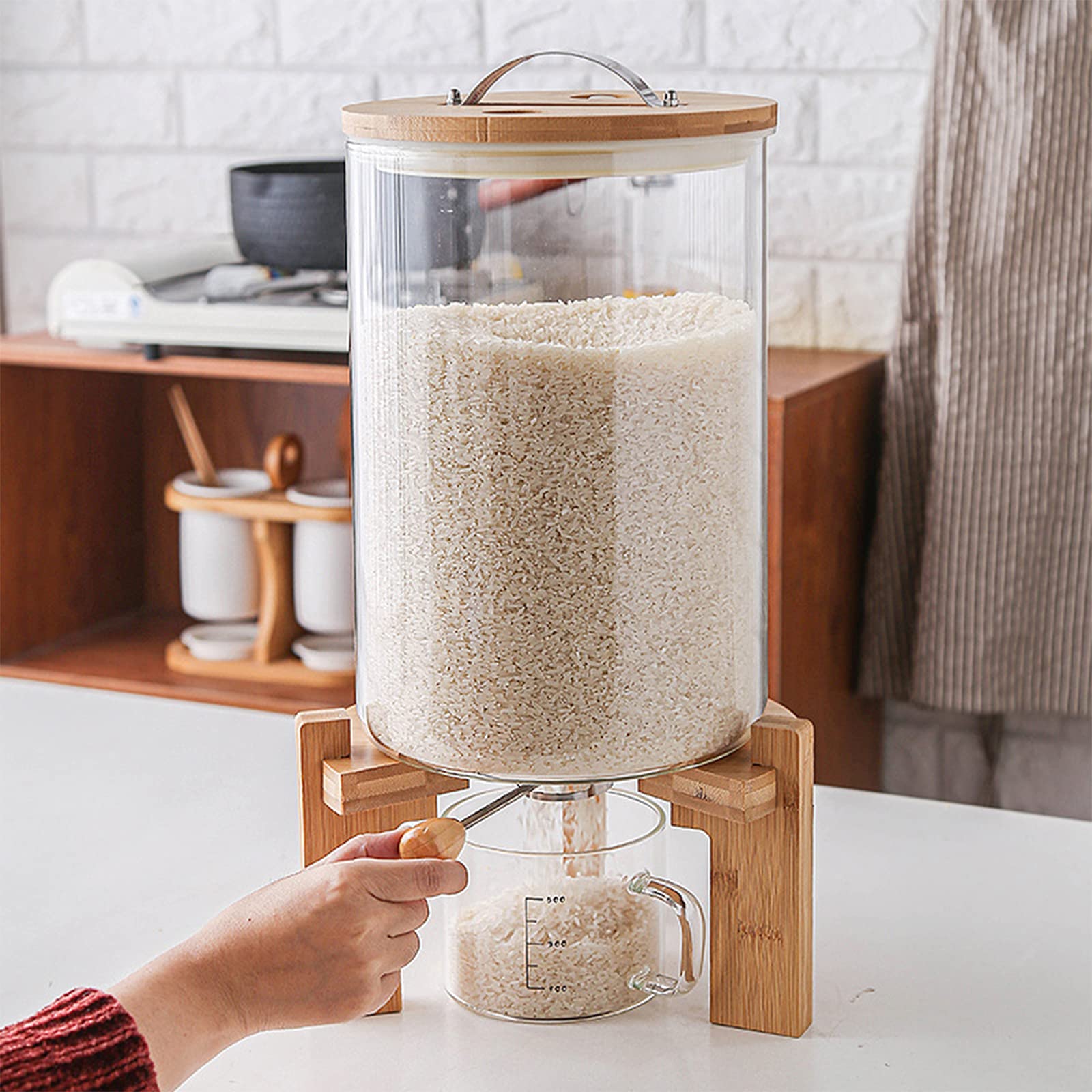 Glass Food Storage Jars with Airtight Lid & Wooden Stand - Creative Rice Dispenser for Kitchen Pantry Organization | Perfect for Storing Grains, Cereal, Flour & Dry Foods