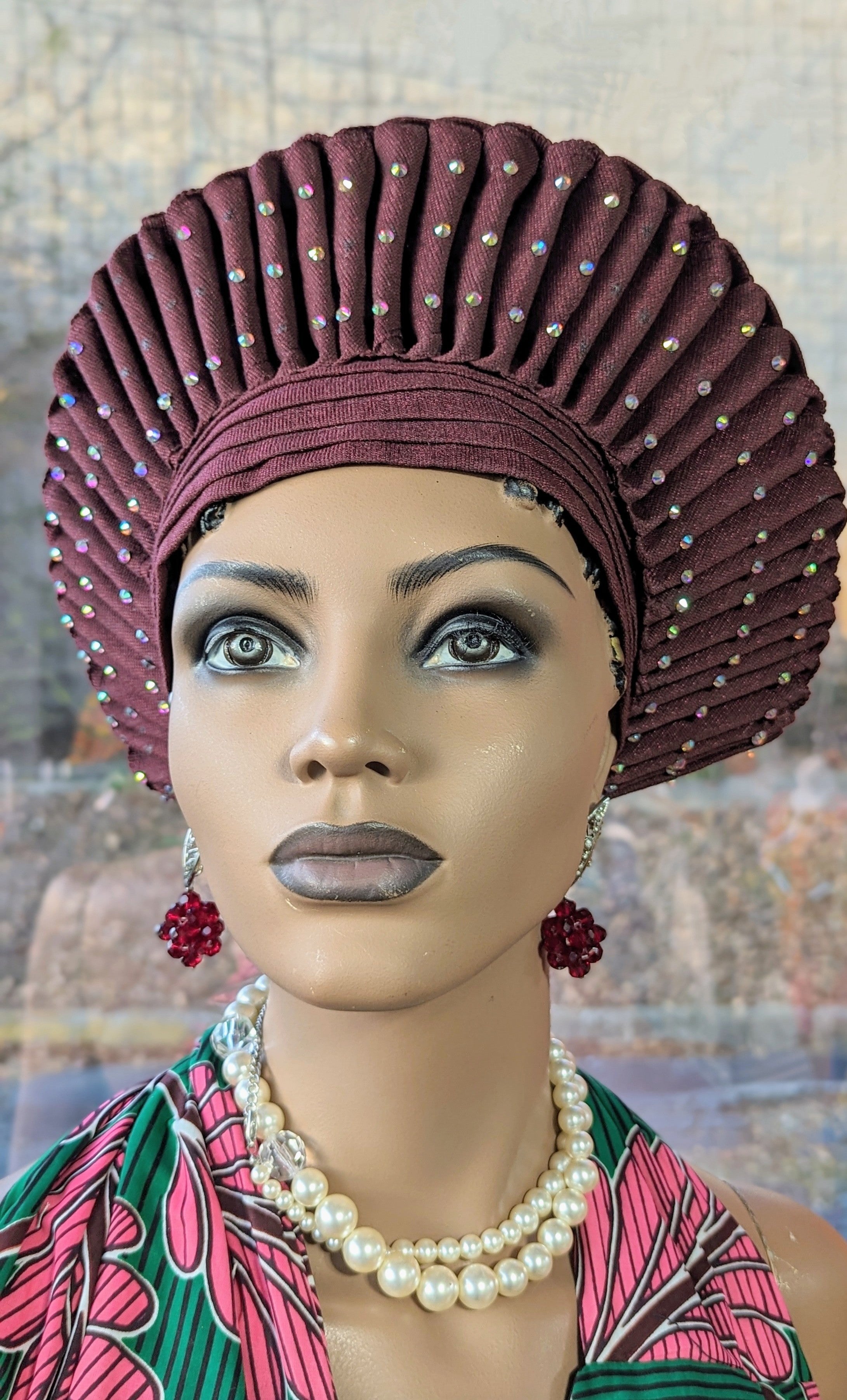 Burgundy African Aso Oke Head Wrap - Elegant Autogele Crown Style Head Tie for Women (DPARBGCH31) | Perfect for Weddings, Church, and Special Occasions