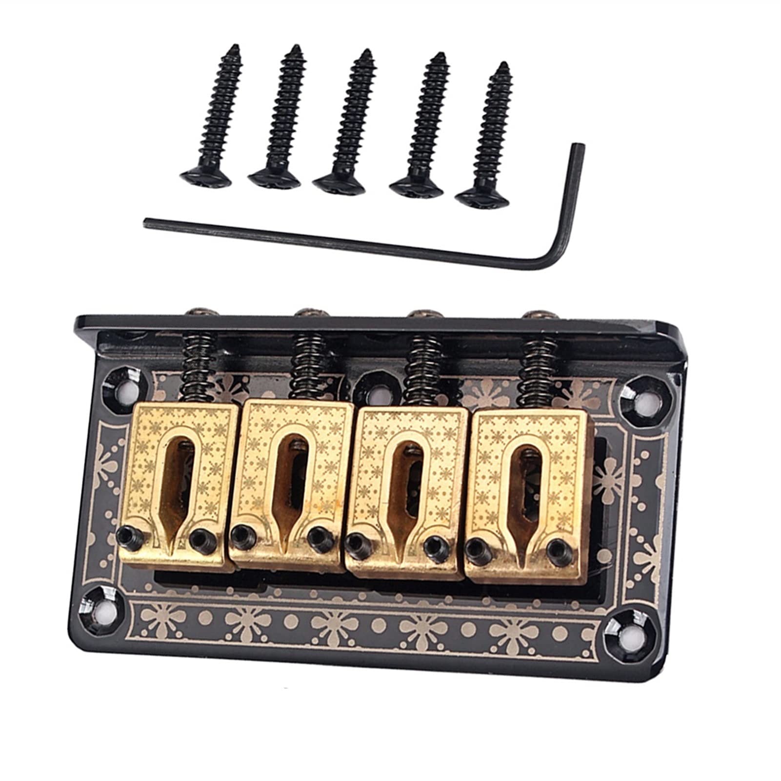 4-String Electric Guitar Bridge Saddle - Hardtail Replacement Part with Screw Wrench for Bass & Cigar Box Guitars | Black Tailpiece for Enhanced Tone & Playability | Perfect for Guitar Upgrades & DIY Repairs