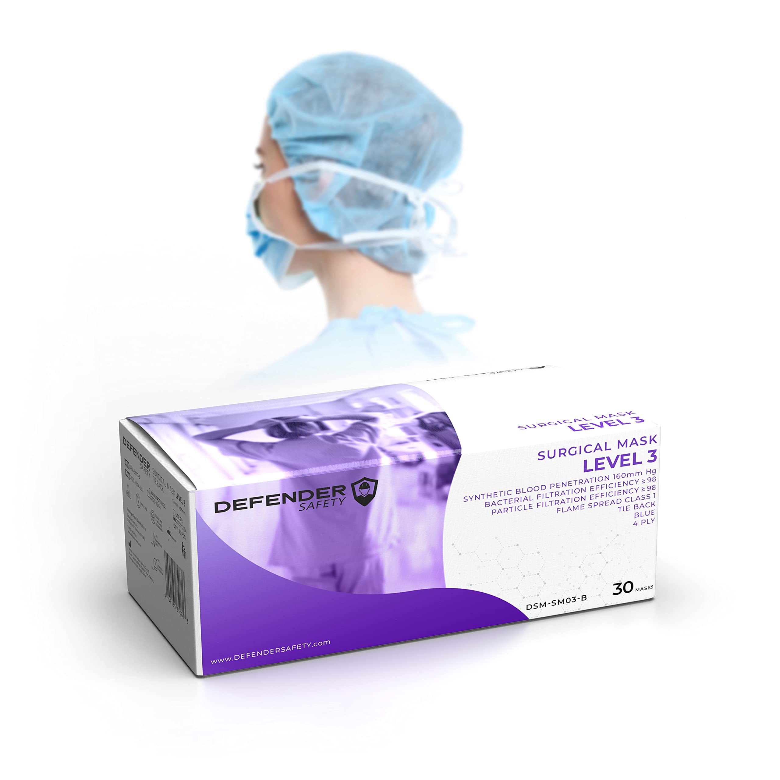 ASTM Level 3 Pleated Face Mask with Tie-Back - 4-Ply Blue Disposable Medical Masks (30 Pack) - Ideal for Healthcare Workers, Construction Sites & Public Safety