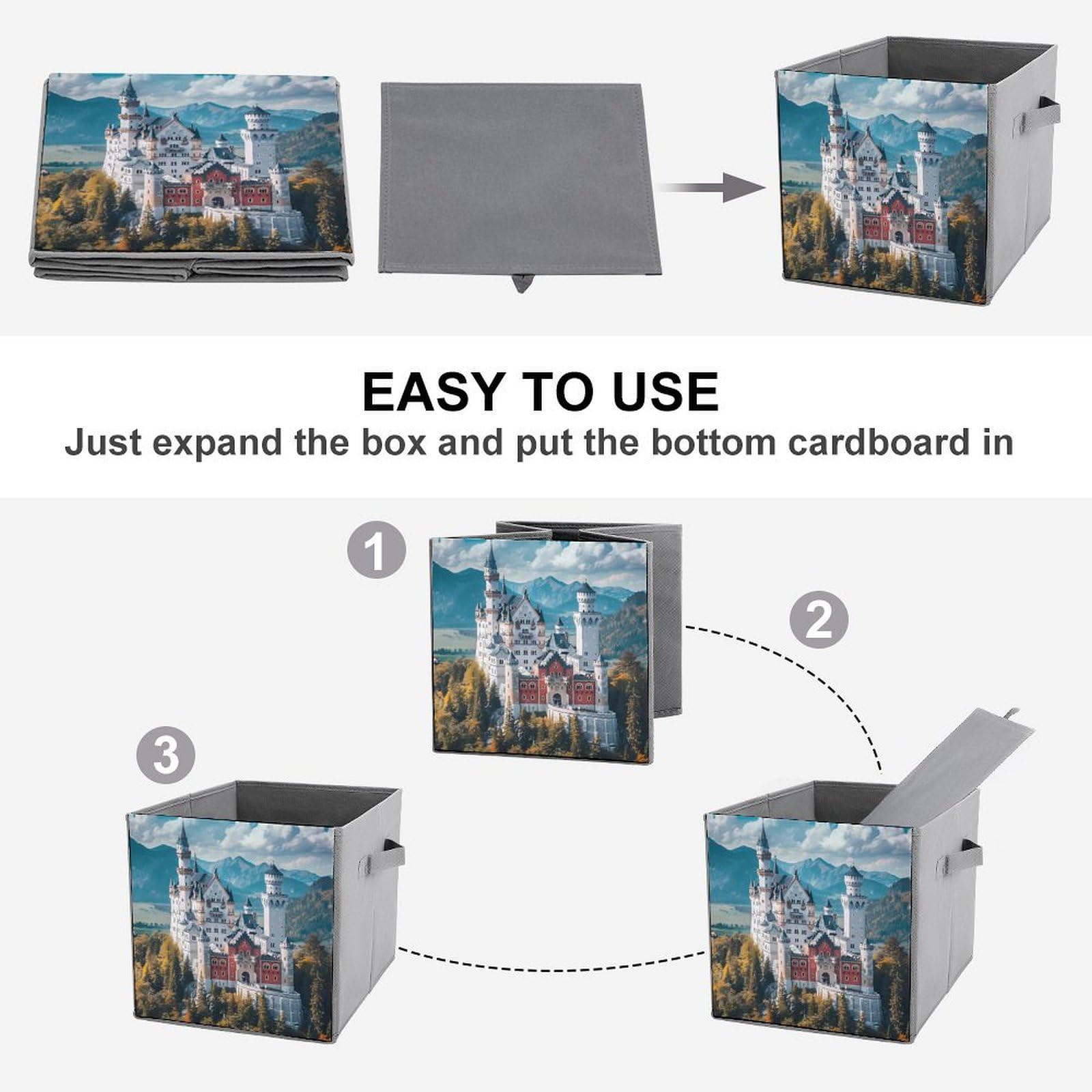 Germany Neuschwanstein Castle Folding Storage Cubes - 2 Pack Collapsible Fabric Bins with Handles for Home, Office, Closet & Toy Organization (White) | Space Saving Storage Solution for Bedroom, Kids Room & Dorm
