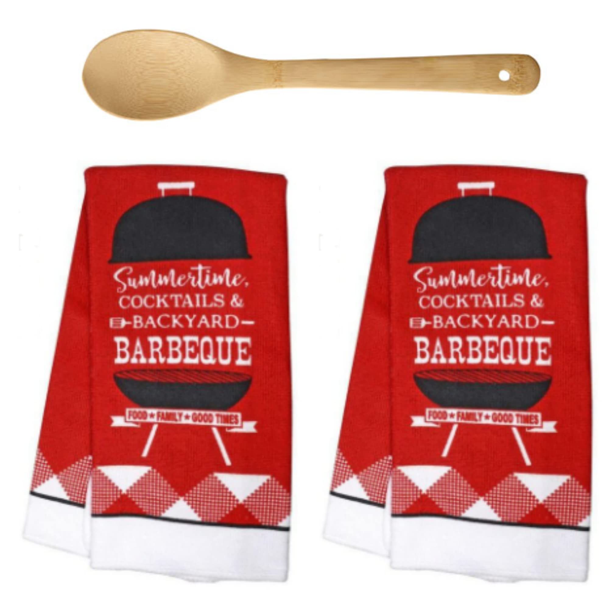Luti Home Premium Kitchen Towel Gift Set - 2 Absorbent Cotton Towels & Wooden Spoon (Red) - Perfect for Summertime Cocktails, Backyard BBQs & Kitchen Decor