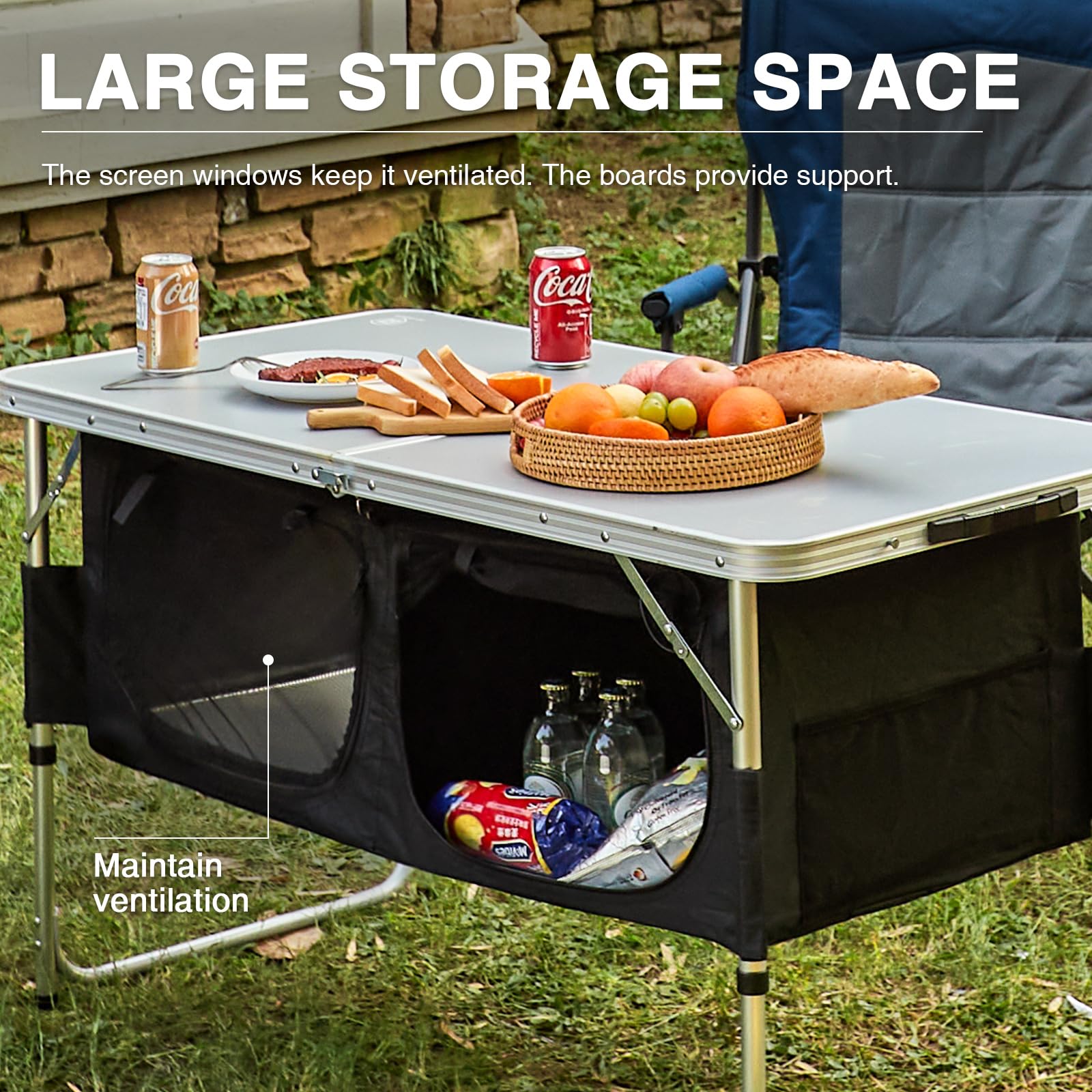 EVER ADVANCED 4ft x 2ft Folding Camping Table with Storage - Adjustable Aluminum Composite Desktop - Portable Outdoor Kitchen Table for Tailgating, Backyard, BBQ, Picnic & Camping - Perfect for Parties, RV Trips & Beach Outings