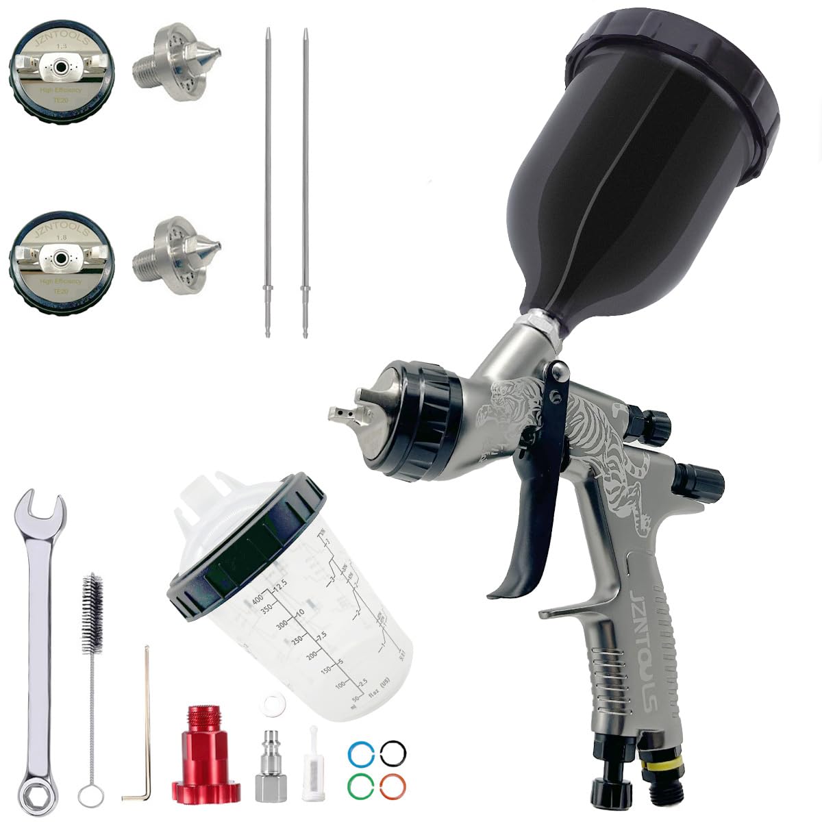 Professional HVLP Spray Gun with 1.3mm & 1.8mm Stainless Steel Nozzle - 600ml & 400ml Gravity Feed Paint Sprayer for Paint, Varnish, Wood Staining - Perfect for Automotive, Furniture & DIY Home Projects (Black)