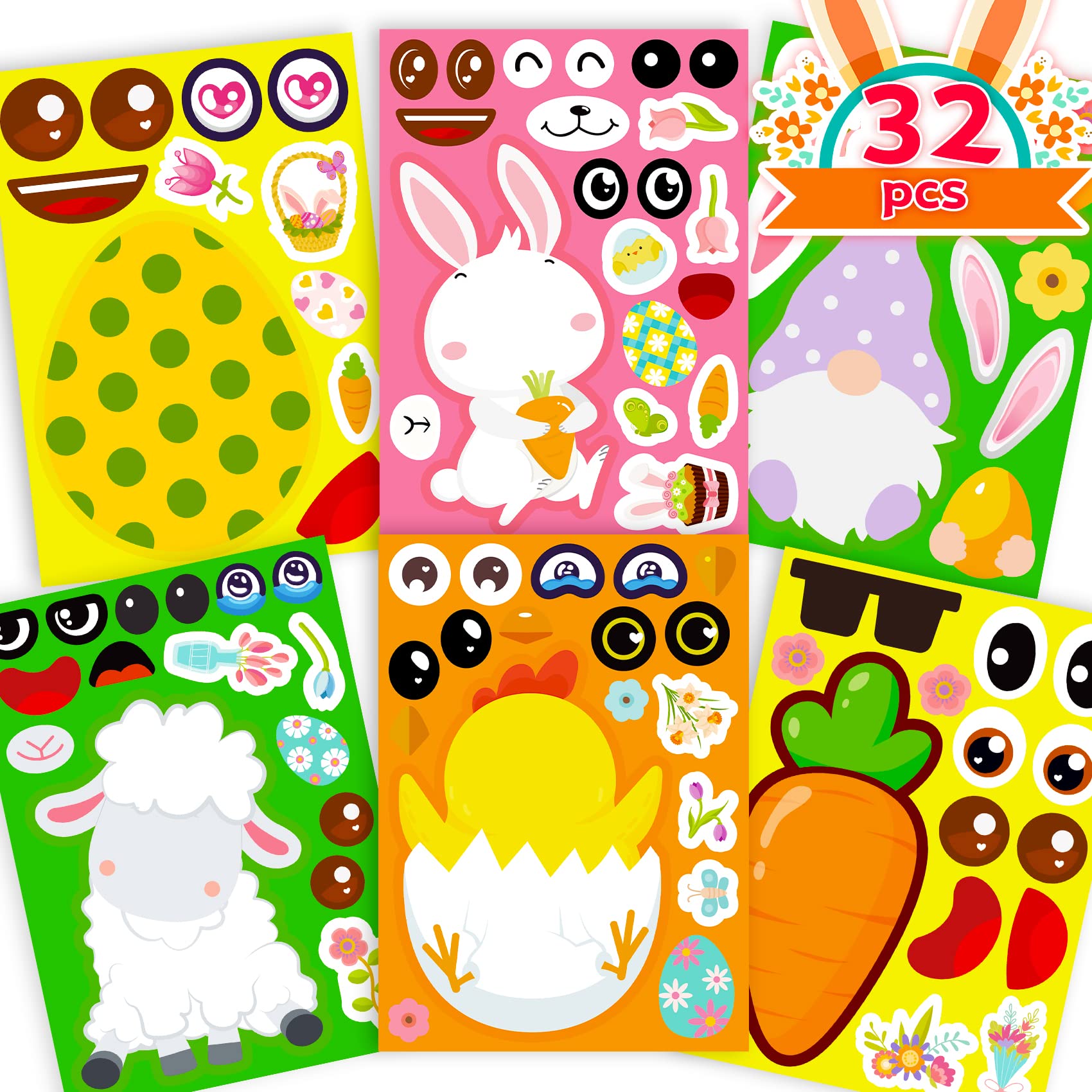 Funnlot 32PCS Easter Stickers for Kids - DIY Make a Face Sticker Sheets for Toddlers, Easter Activities, Classroom & Family Fun - Perfect for Easter Egg Hunts, Party Favors and School Crafts