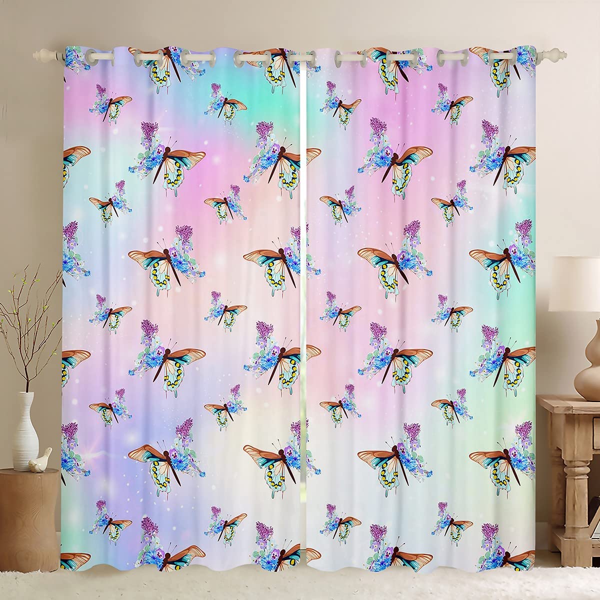 Watercolor Purple Flower Butterfly Window Curtains for Living Room - 42x90 Inches Tie-Dye Pastel Drapes (2 Panels) | Girls Bedroom Decor, Princess Theme Window Treatments | Perfect for Nursery, Teen Room & Boho Chic Home Decor