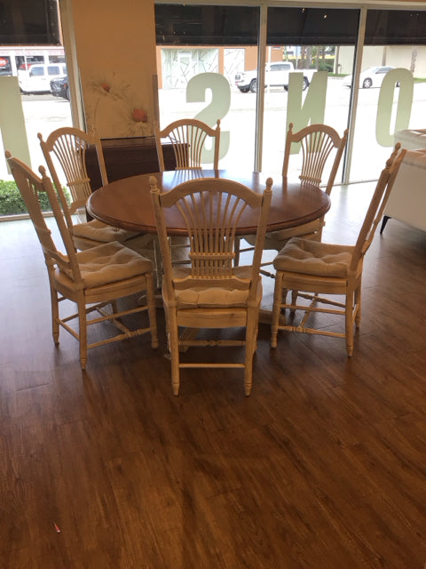 Round Solid Hardwood Top Cream Base Dining Table Set with 6 Chairs | Modern Kitchen & Dining Room Furniture for Family Gatherings & Dinner Parties