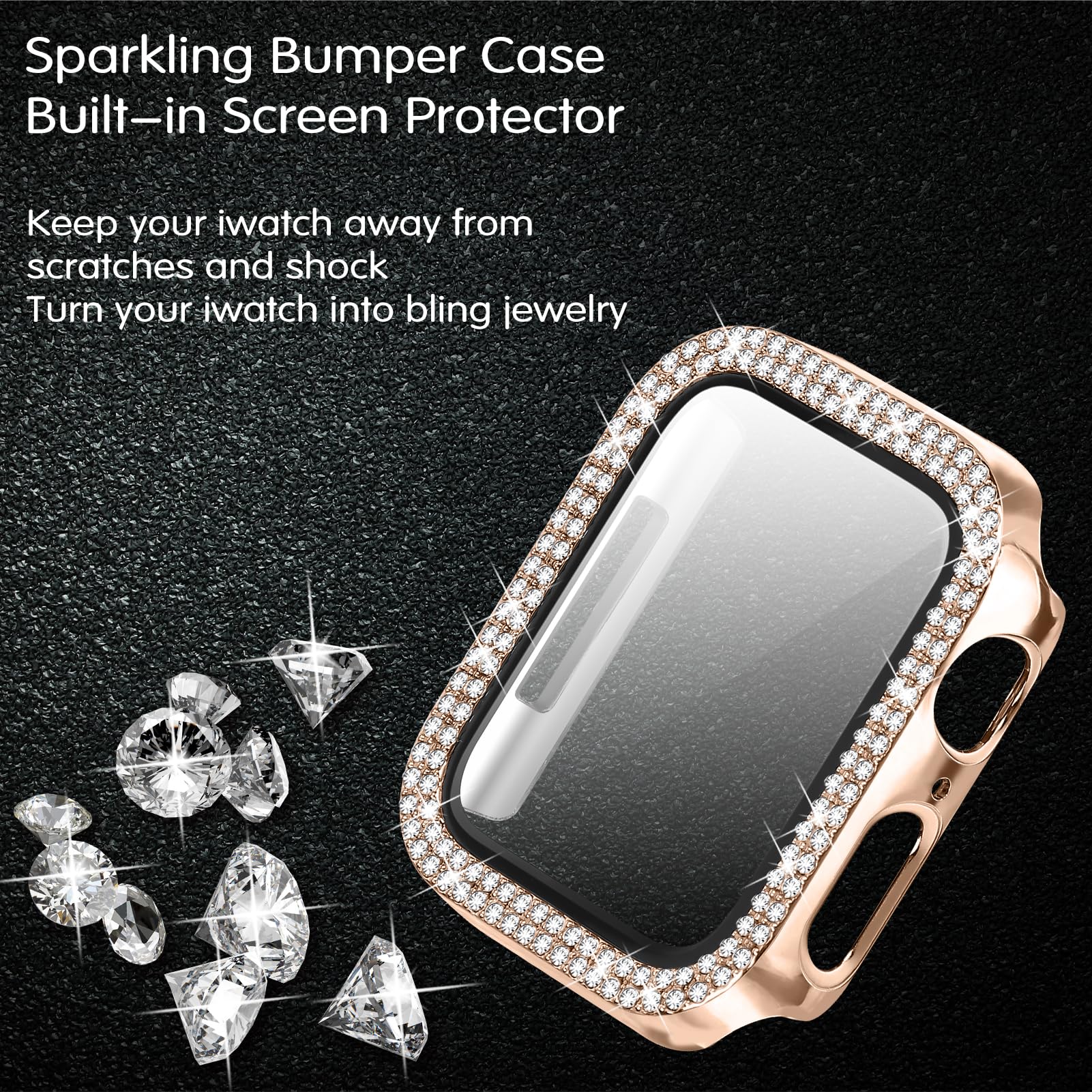 JOYOZY Bling Bands for Apple Watch 38mm 40mm 41mm 42mm 44mm 45mm - Sparkling Diamond Metal Strap with Glitter Case & Built-in Screen Protector - Compatible with iWatch Series 9/8/7/6/5/4/3/2/1/SE - Perfect for Women's Fashion, Workouts & Everyday Wear