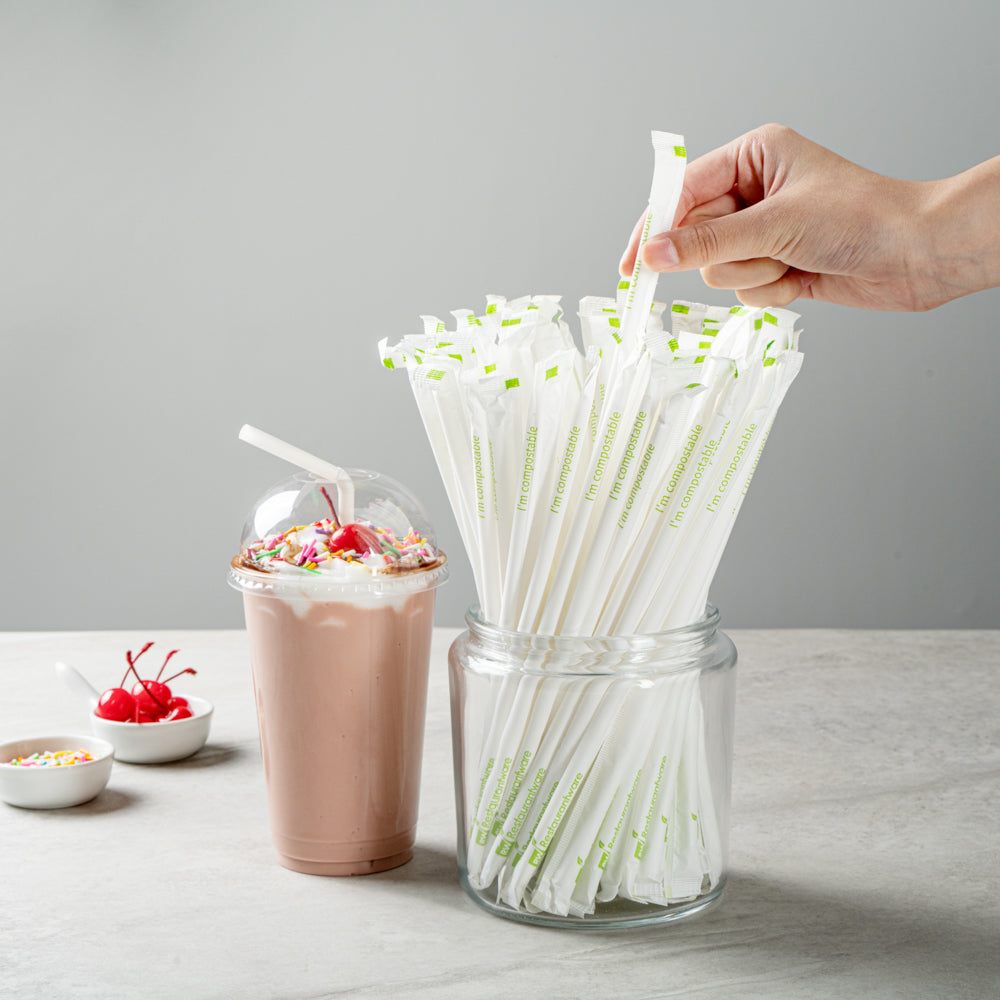 Eco-Friendly Compostable PLA/PBAT Plastic Straws - Flexible, Wrapped, 8 1/4 Inch (100 Count) | Perfect for Restaurants, Cafes, Parties & Sustainable Living