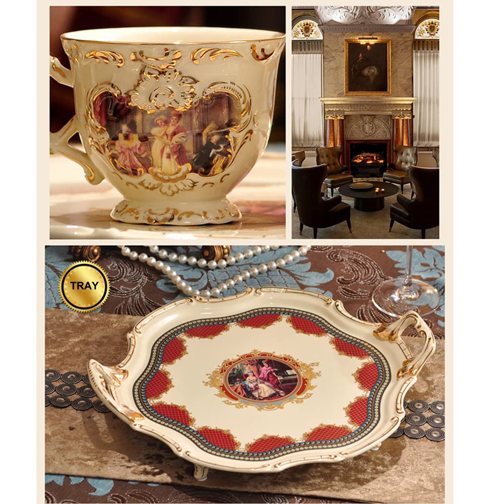 8-Piece Porcelain Coffee and Tea Gift Set with 6 Cups, Teapot, Serving Tray & Espresso Cups - European Classic Gold Trim Design - Elegant Tea Party Set for Home, Office or Gifting