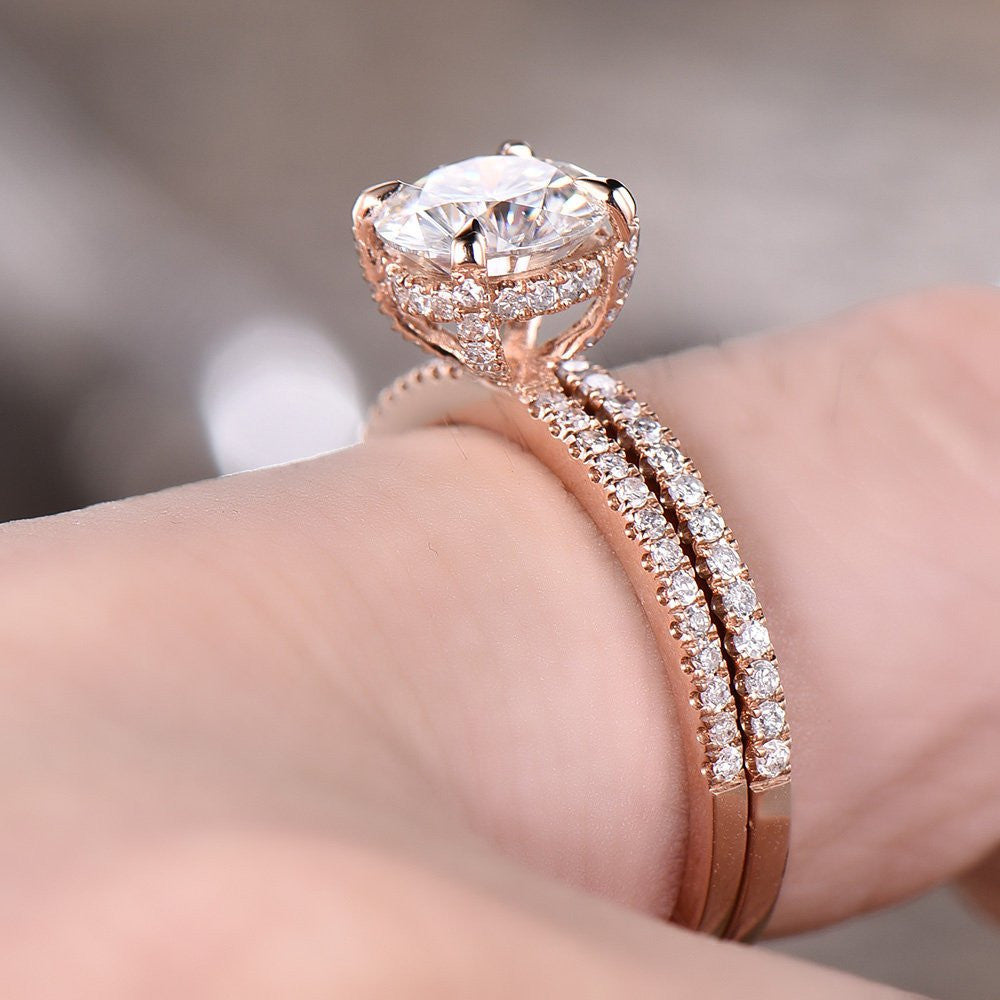 Moissanite Engagement Ring 14K Rose Gold - 7mm Round Solitaire Diamond Basket Half Eternity Wedding Band Bridal Set (D-E-F Color) | Perfect for Proposals, Anniversaries & Special Occasions