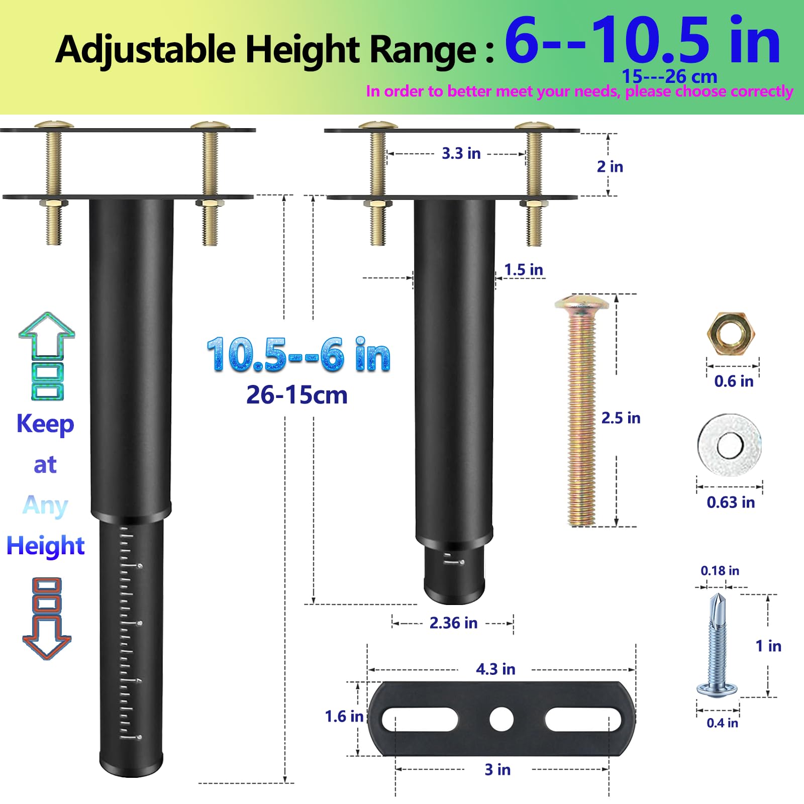 **Adjustable Bed Support Legs 6-10.5 Inch, 2-Pack Heavy Duty Metal Risers – Fits Most Bed Frames, Box Springs, Platforms & Slats – Easy Installation, Black – Perfect for Bedroom, Guest Room & Dorm Furniture Support**