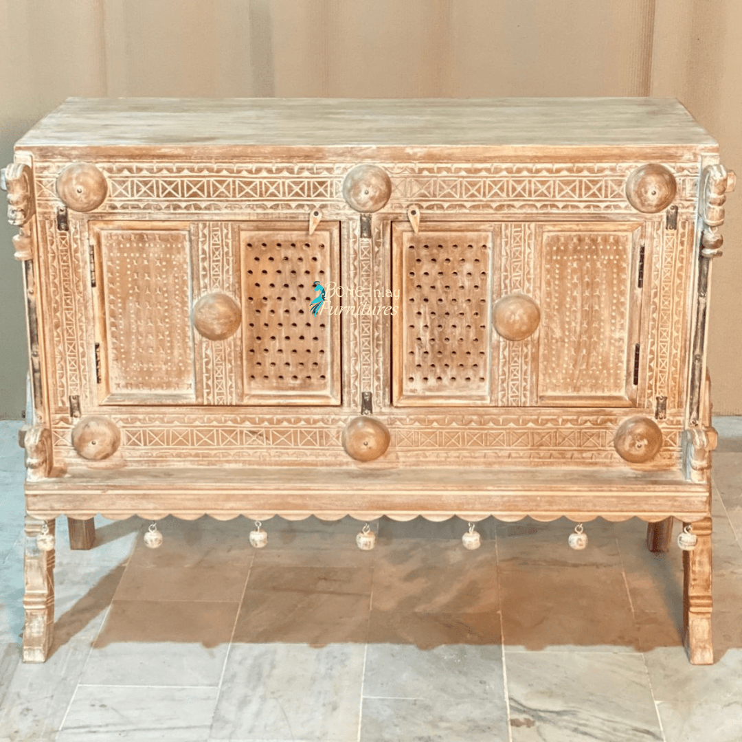 Hand Carved Solid Wooden Sideboard Hope Chest - Rustic Storage Cabinet for Bedroom, Living Room & Entryway - Vintage Damchiya Design for Home Decor & Organization